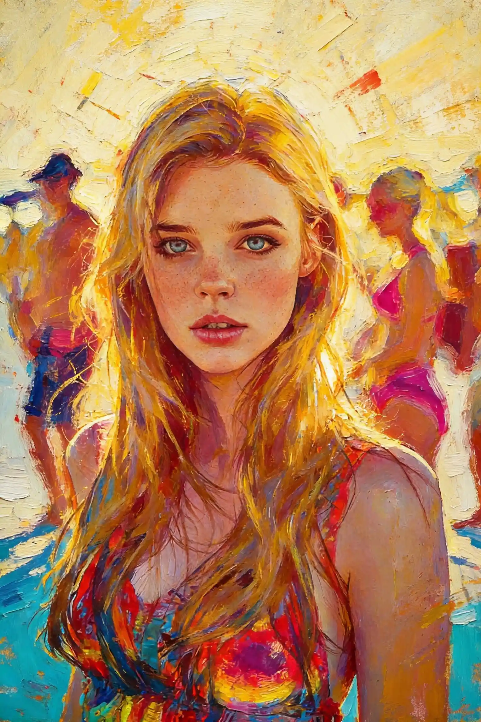 Vibrant portrait of a blonde woman in dynamic digital paint