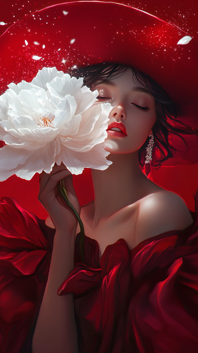 Mujer elegante con peonía blanca resplandeciente y vestido rojo