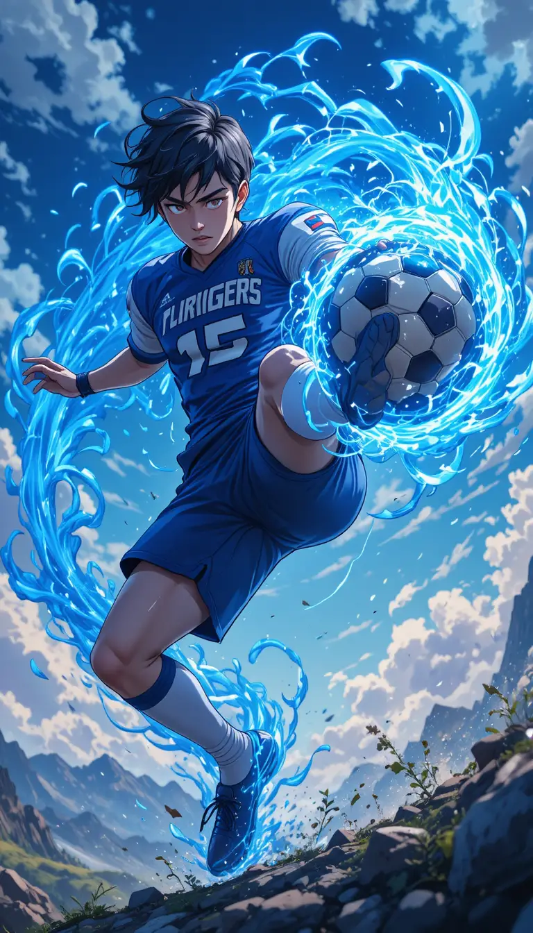 Anime football hero bicycle kick under dramatic sky