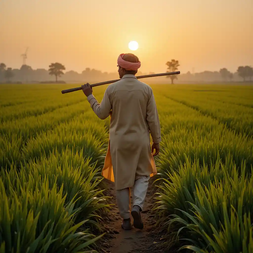 Agricultor pakistaní caminando hacia un campo verde al amanecer