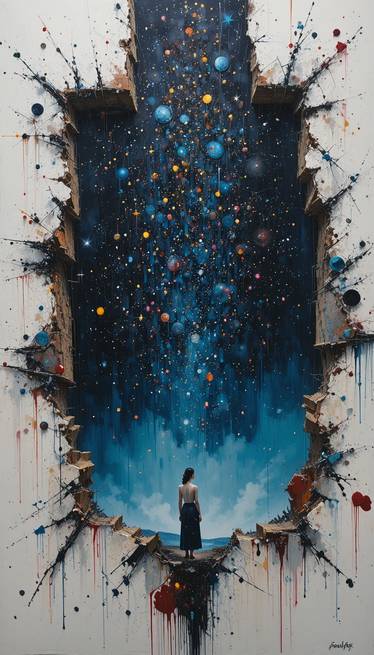 Woman gazing through torn canvas into vast starry night