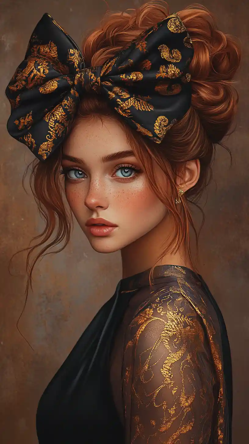 Elegant anime portrait of a woman with curly auburn bun