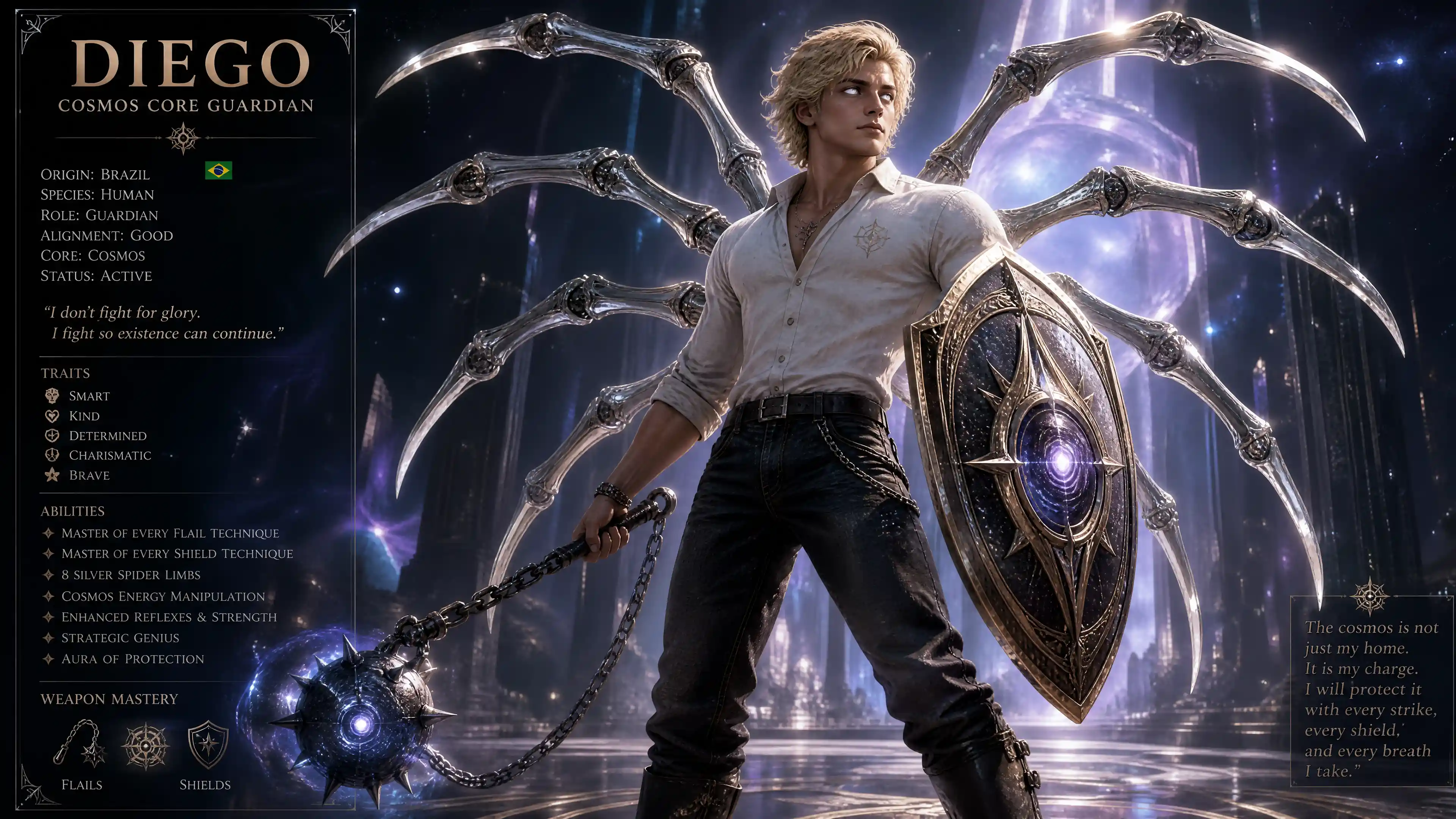 Blond cosmic guardian with silver spider limbs and shield