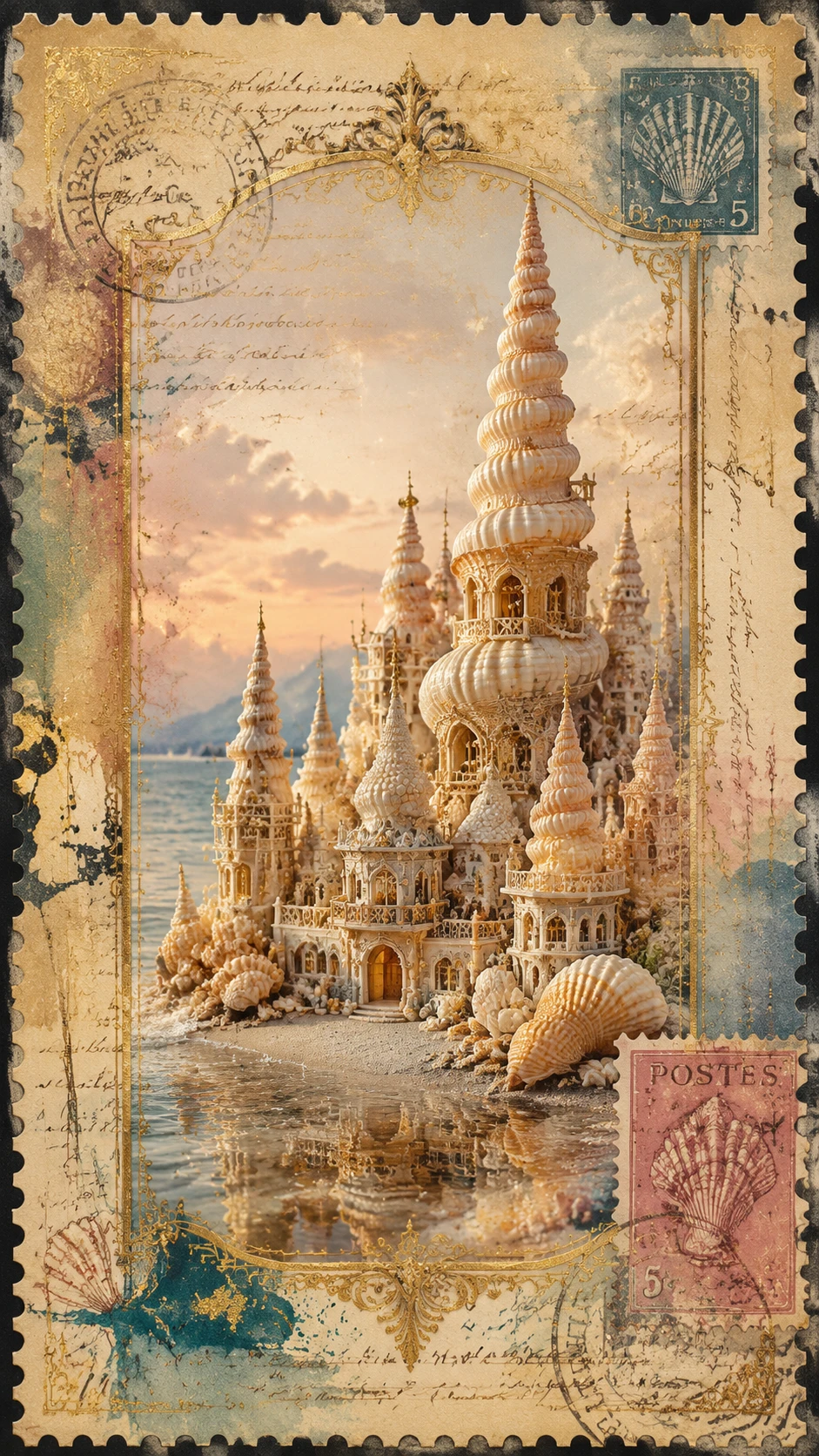 Ville Miniature de Tours en Coquillages dans une Douce Lumière du Soir