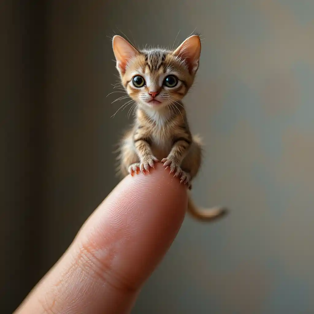 Tiny cat standing on a human finger in macro detail