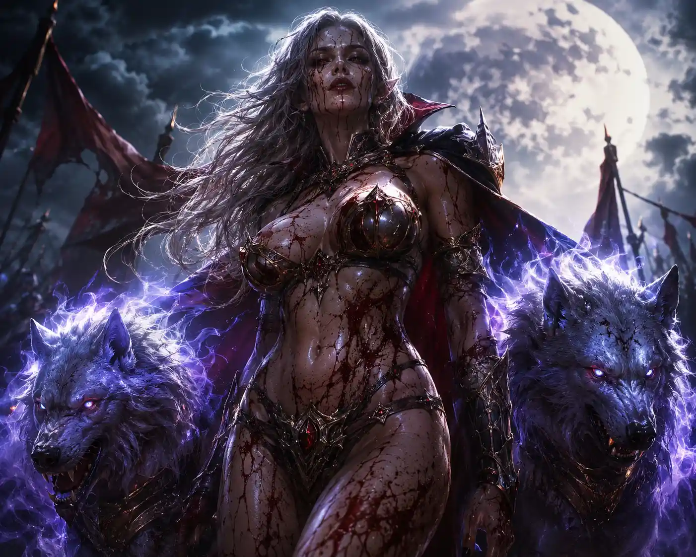 Vampire warrior with spectral hounds on moonlit battlefield