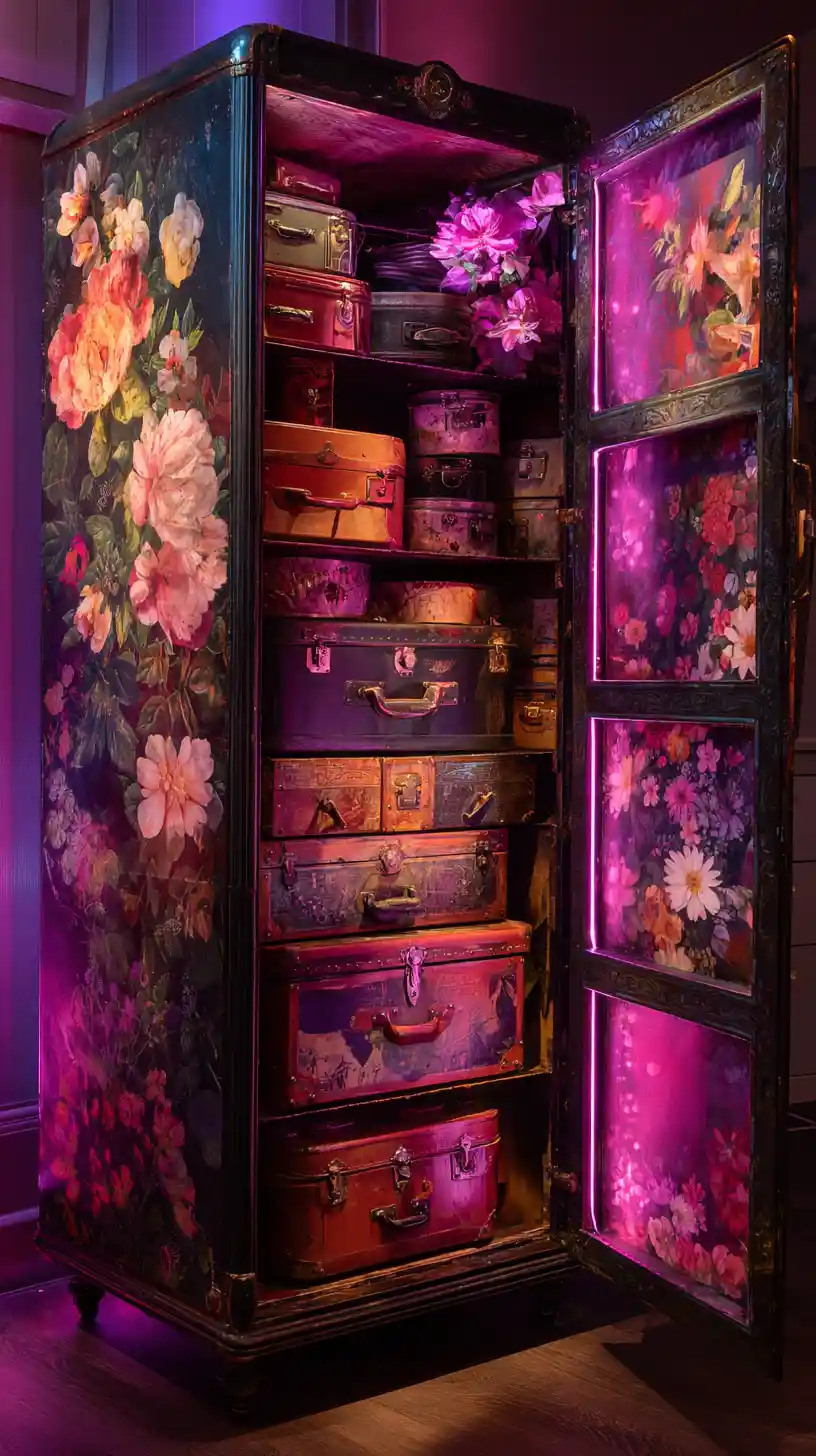 Tall vintage wardrobe with trunks and hat boxes