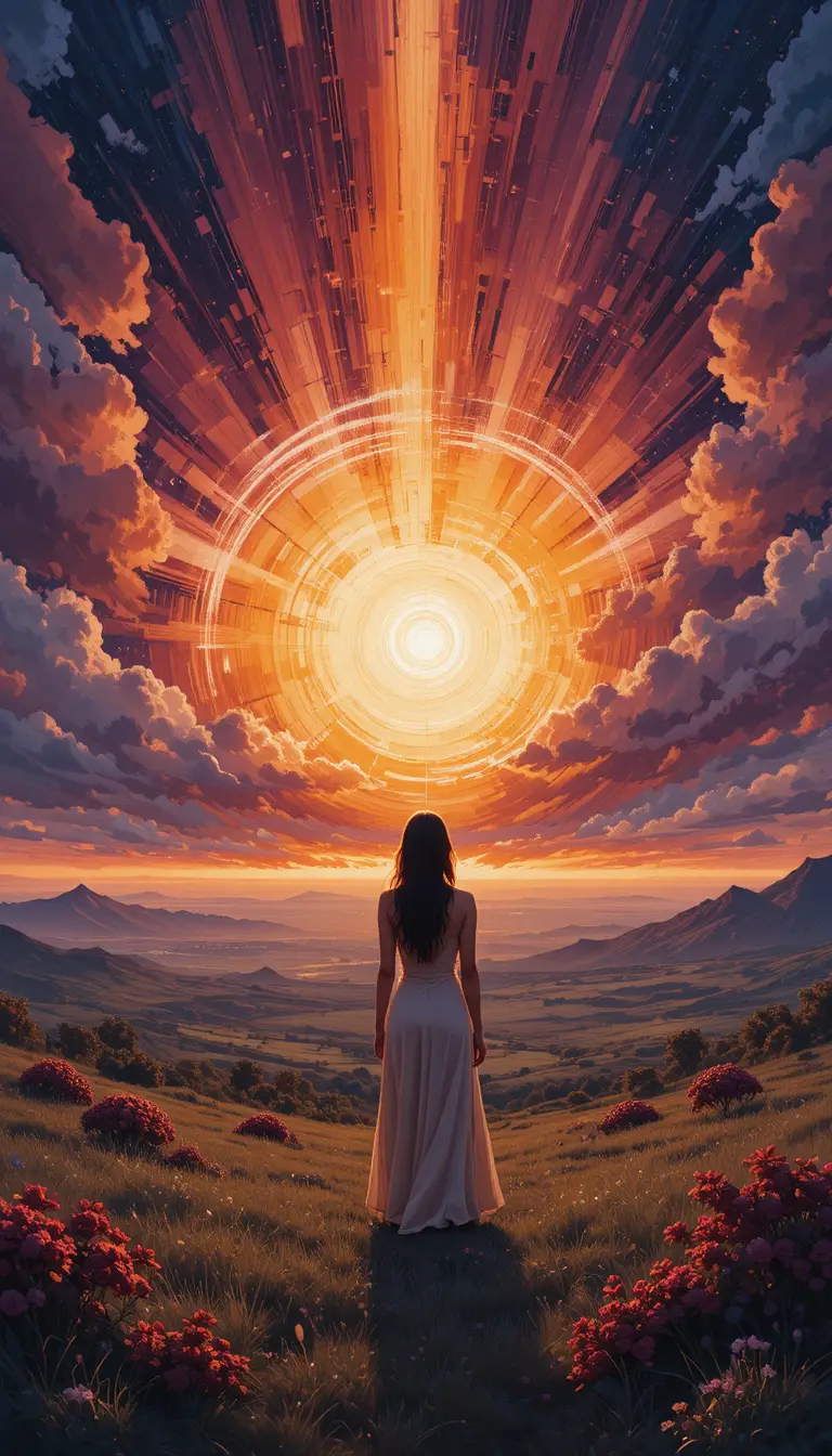 Young woman contemplating a monumental sunset in fields