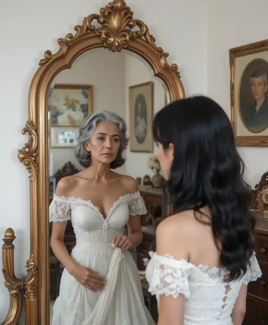 Young woman facing her elderly reflection in a mirror