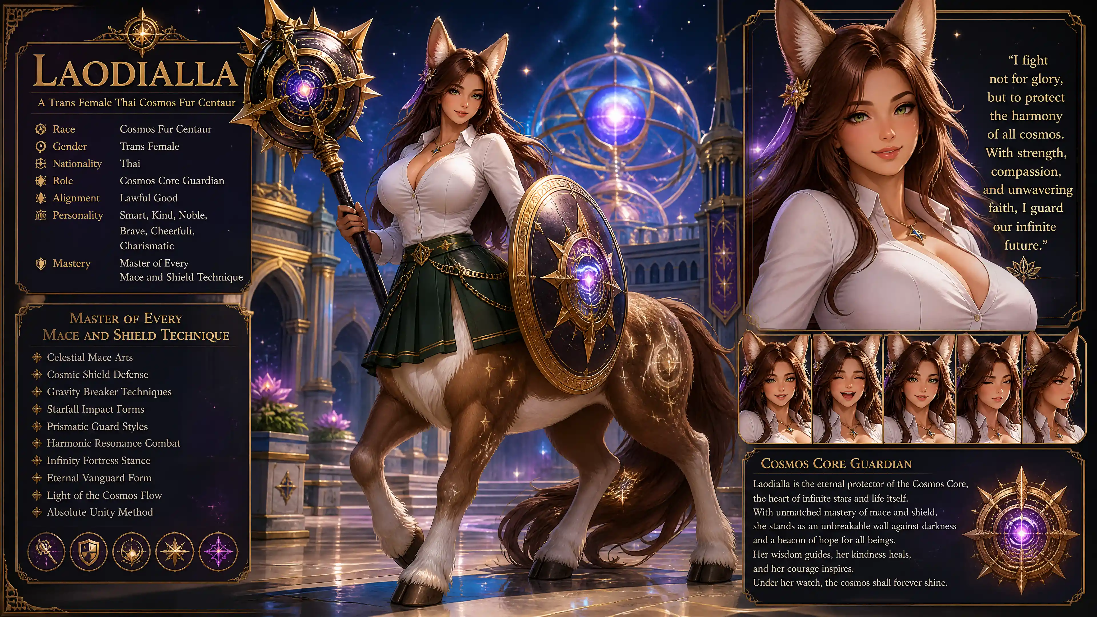 Cheerful fantasy centaur woman with shield and mace