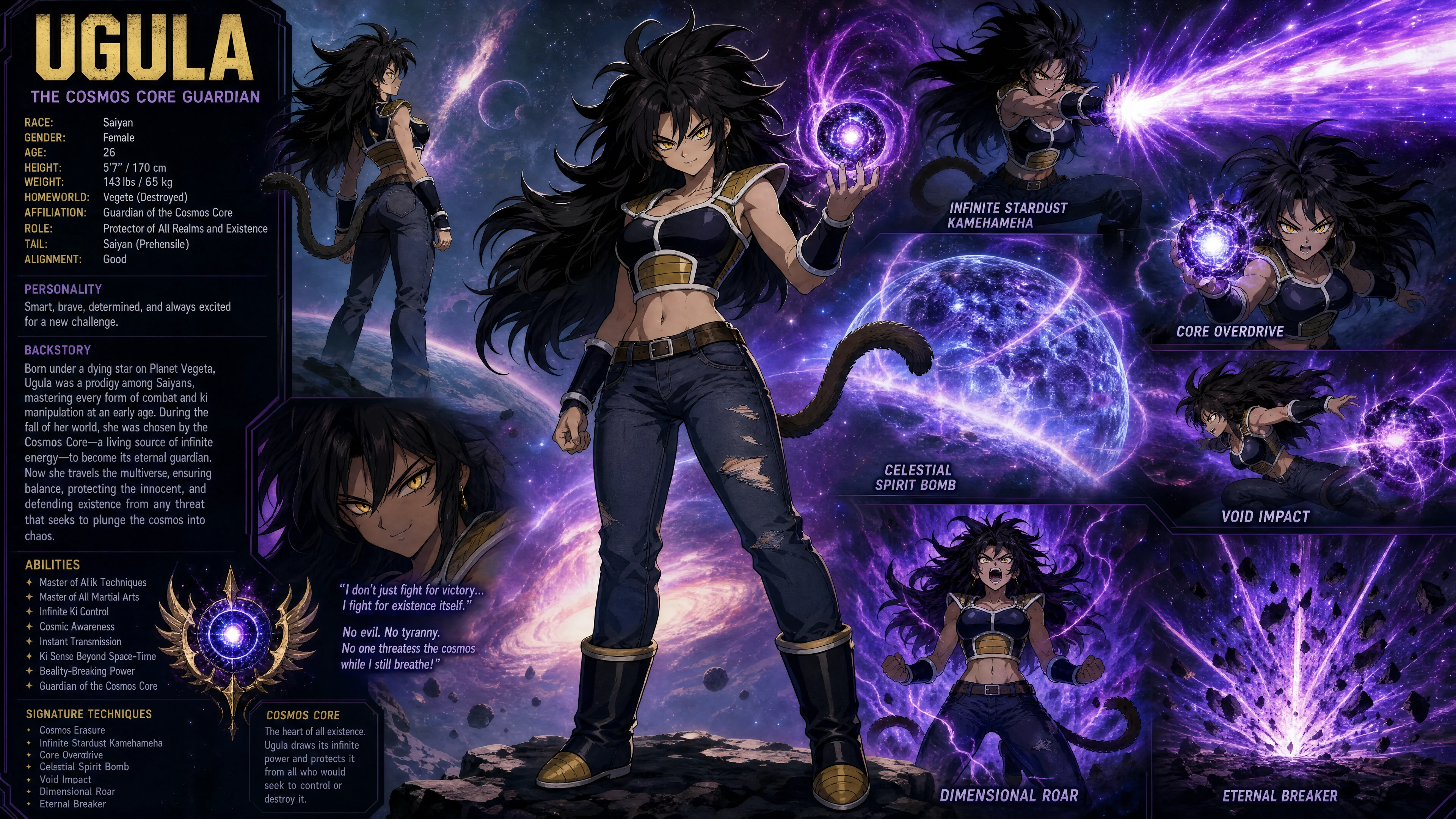 Female saiyan warrior with cosmic energy in space
