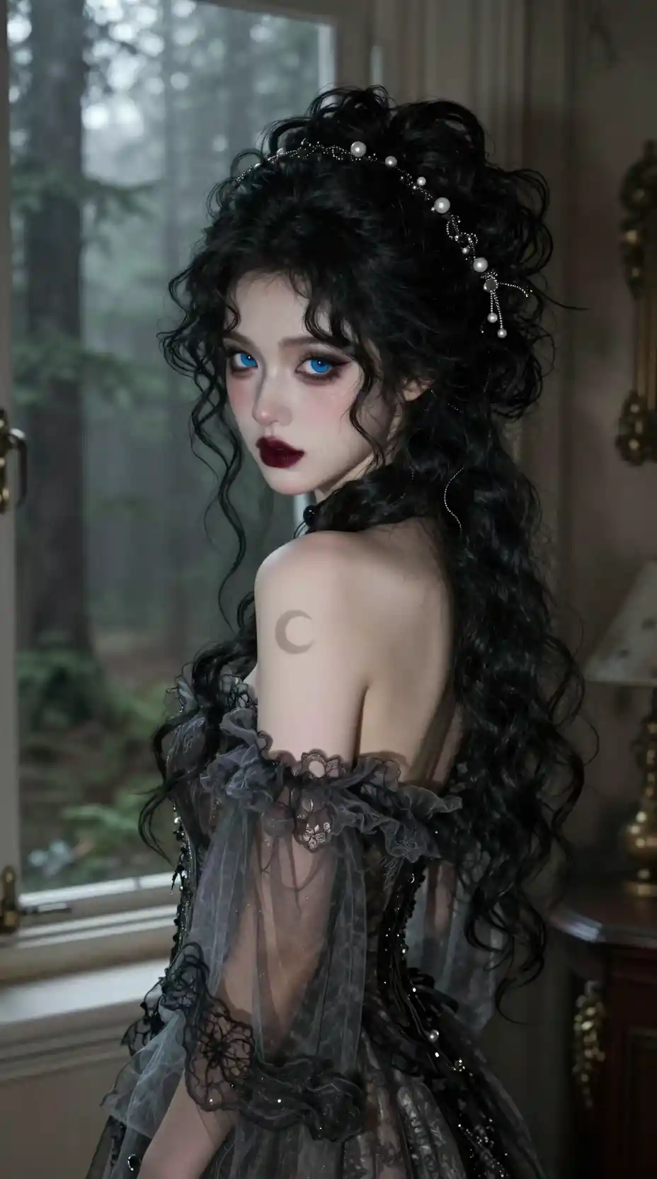 Donna fantasy gotica che si volta verso una finestra aperta