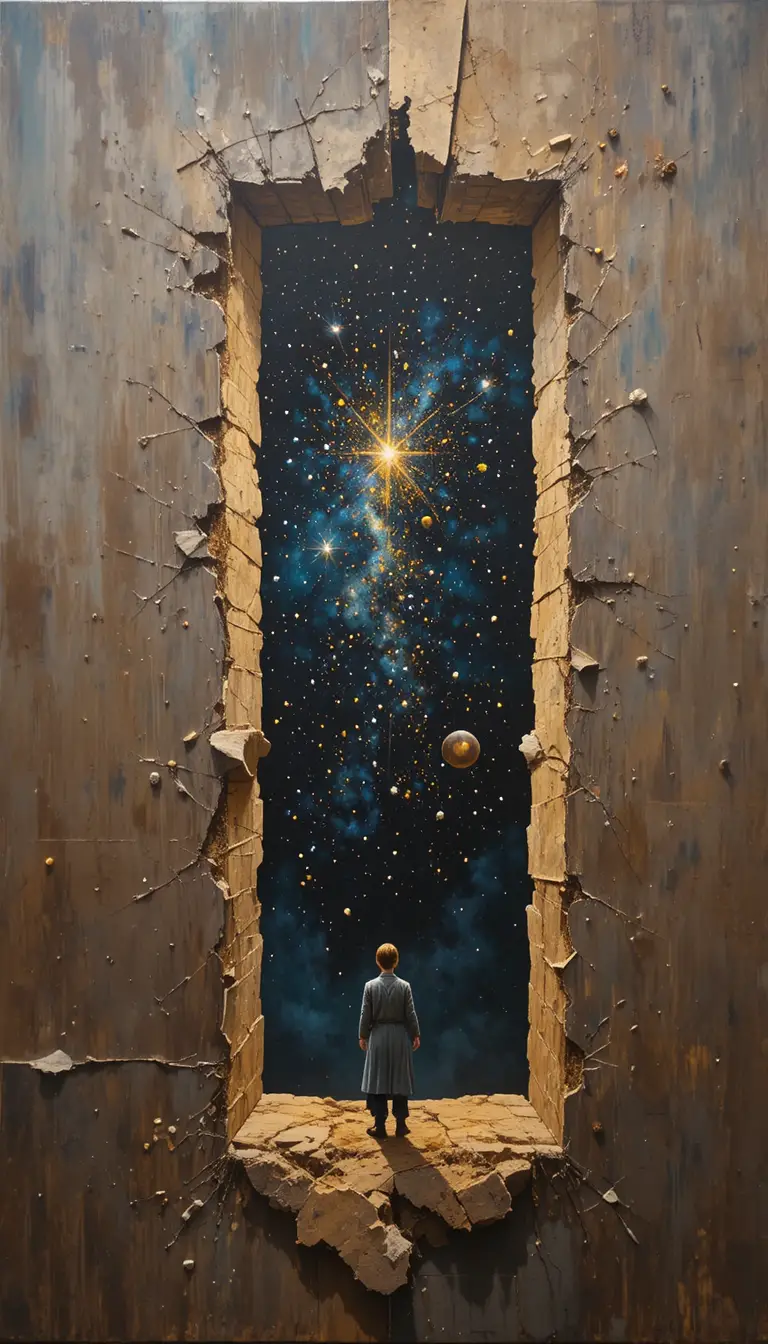 透過破損畫布凝視星空的年輕女子