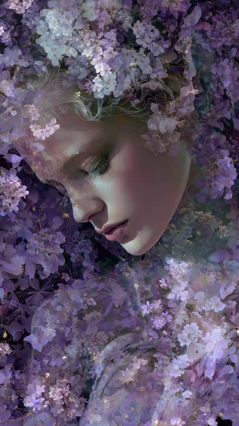 Romantic floral kaleidoscope collage in soft lilac night tones
