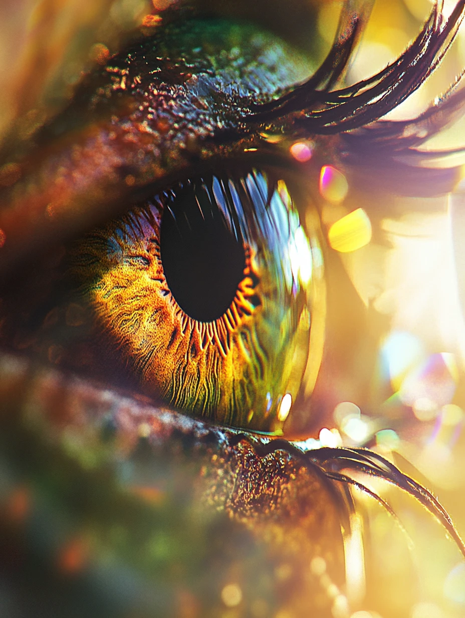 Primer plano macro de un iris humano colorido a la luz del sol