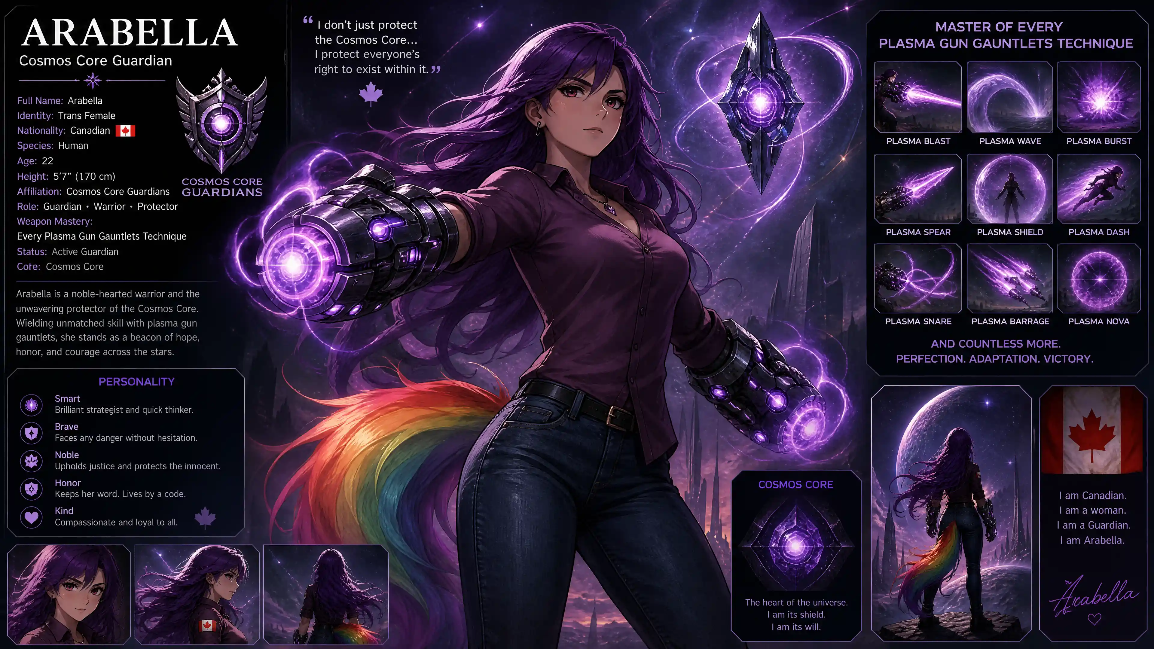 Brave trans woman guardian with plasma gauntlets in cosmic space