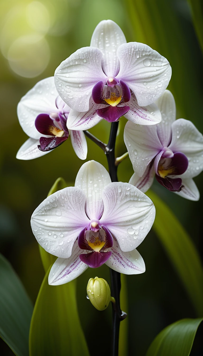 Close up of black orchid flowers with cascading filaments