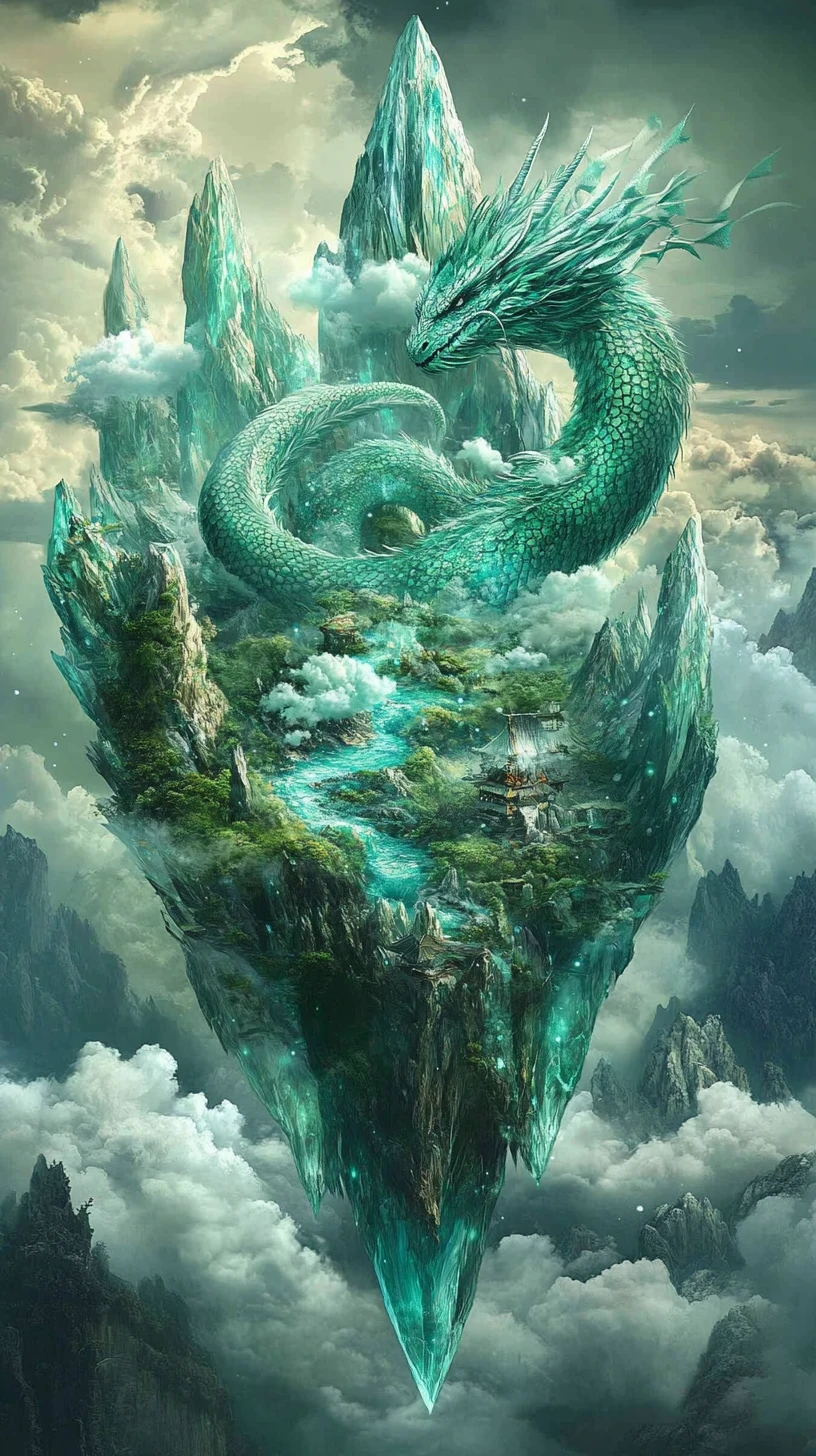 Dragón Formado por Ríos Cristalinos y Nubes de Montaña