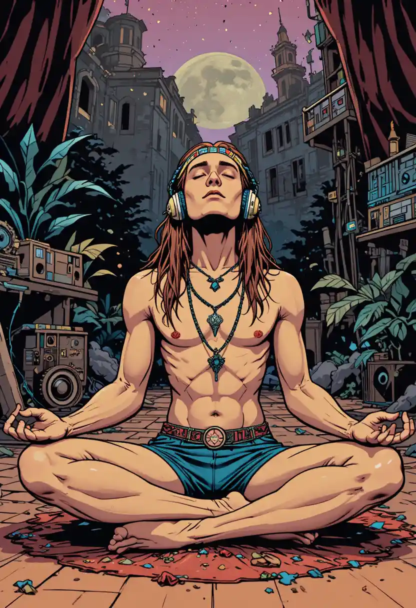 Hippie Man Meditating Cross Legged And Listening To Music