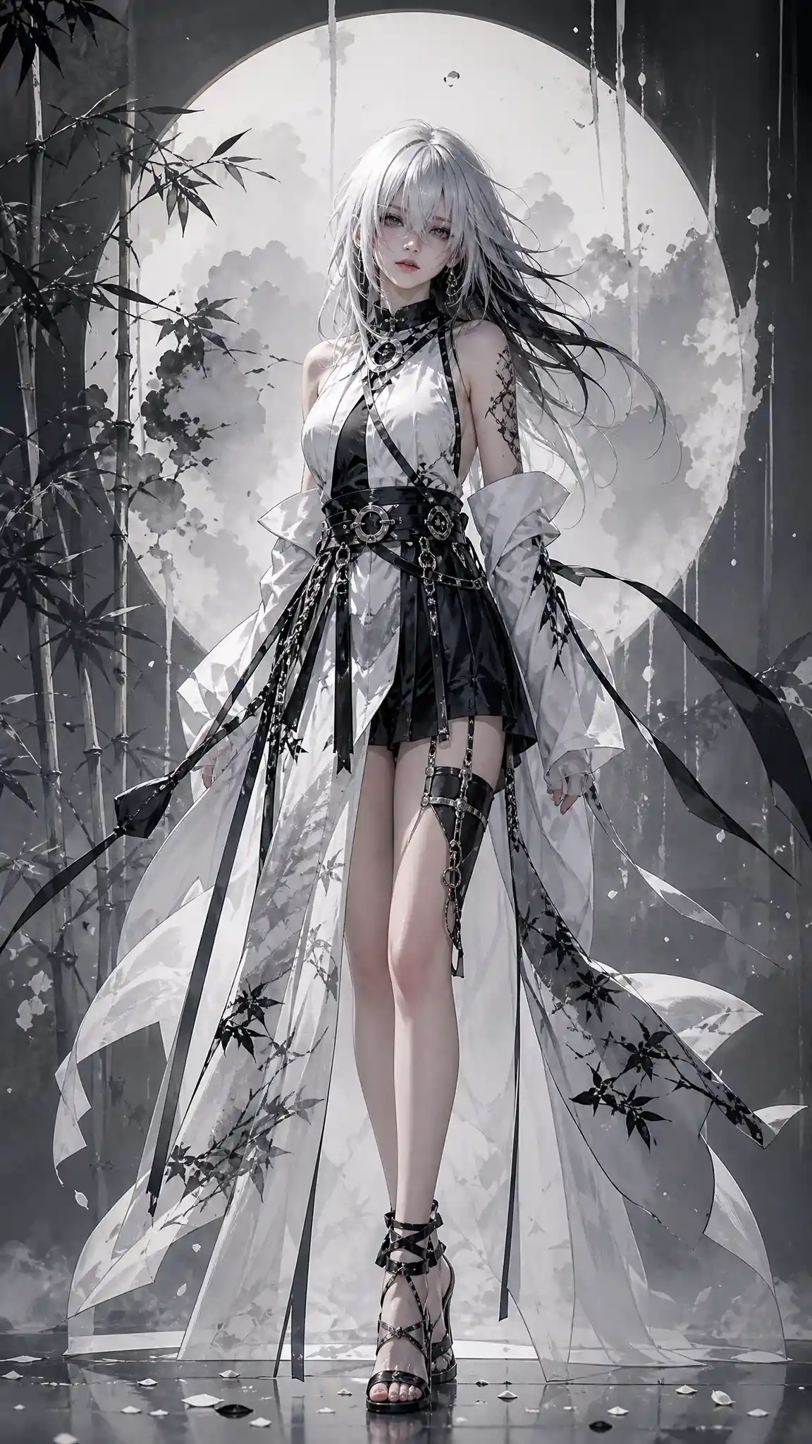 Silver haired anime woman with misty silver eyes