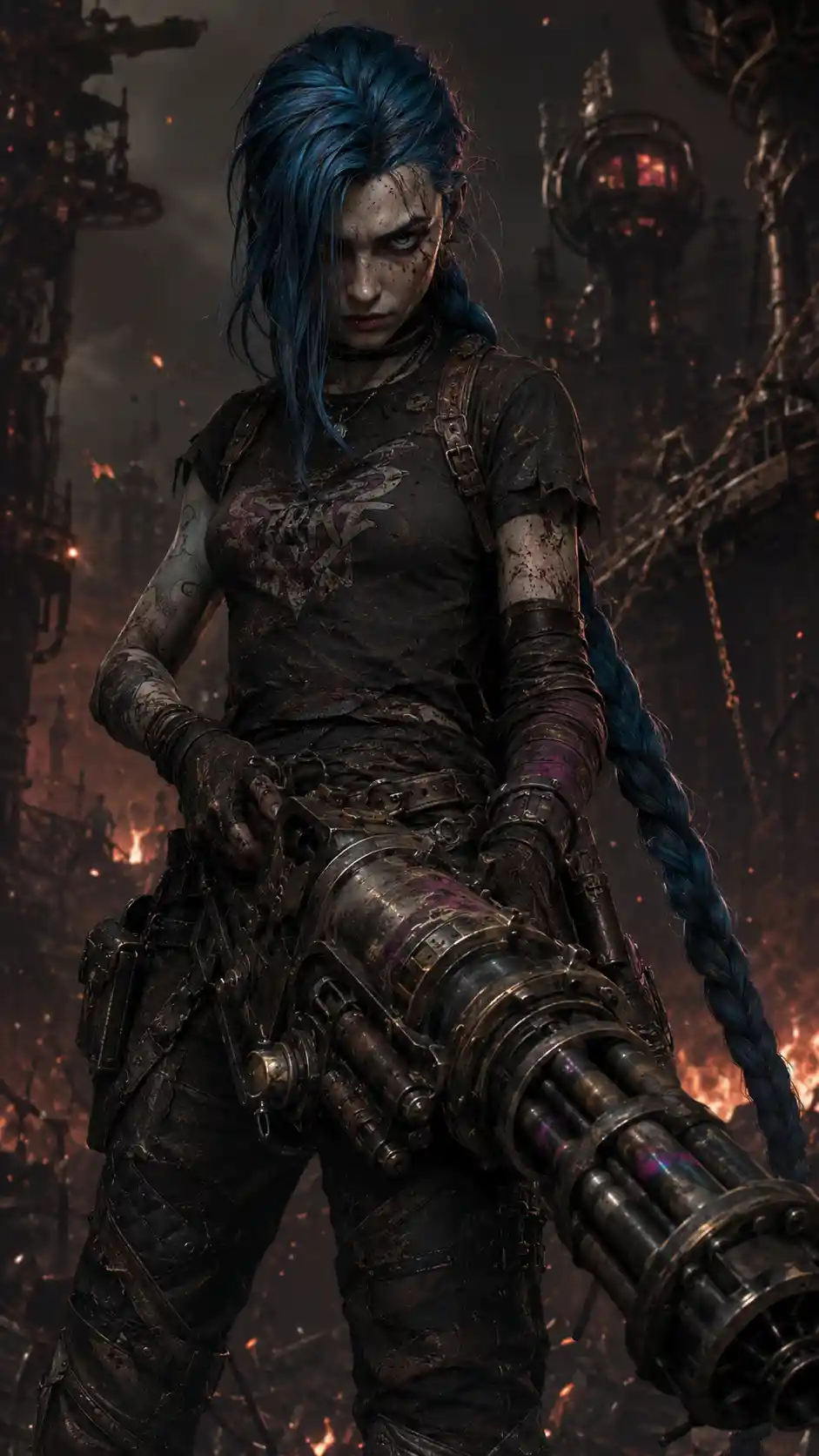 Battle scarred woman with minigun in industrial ruins