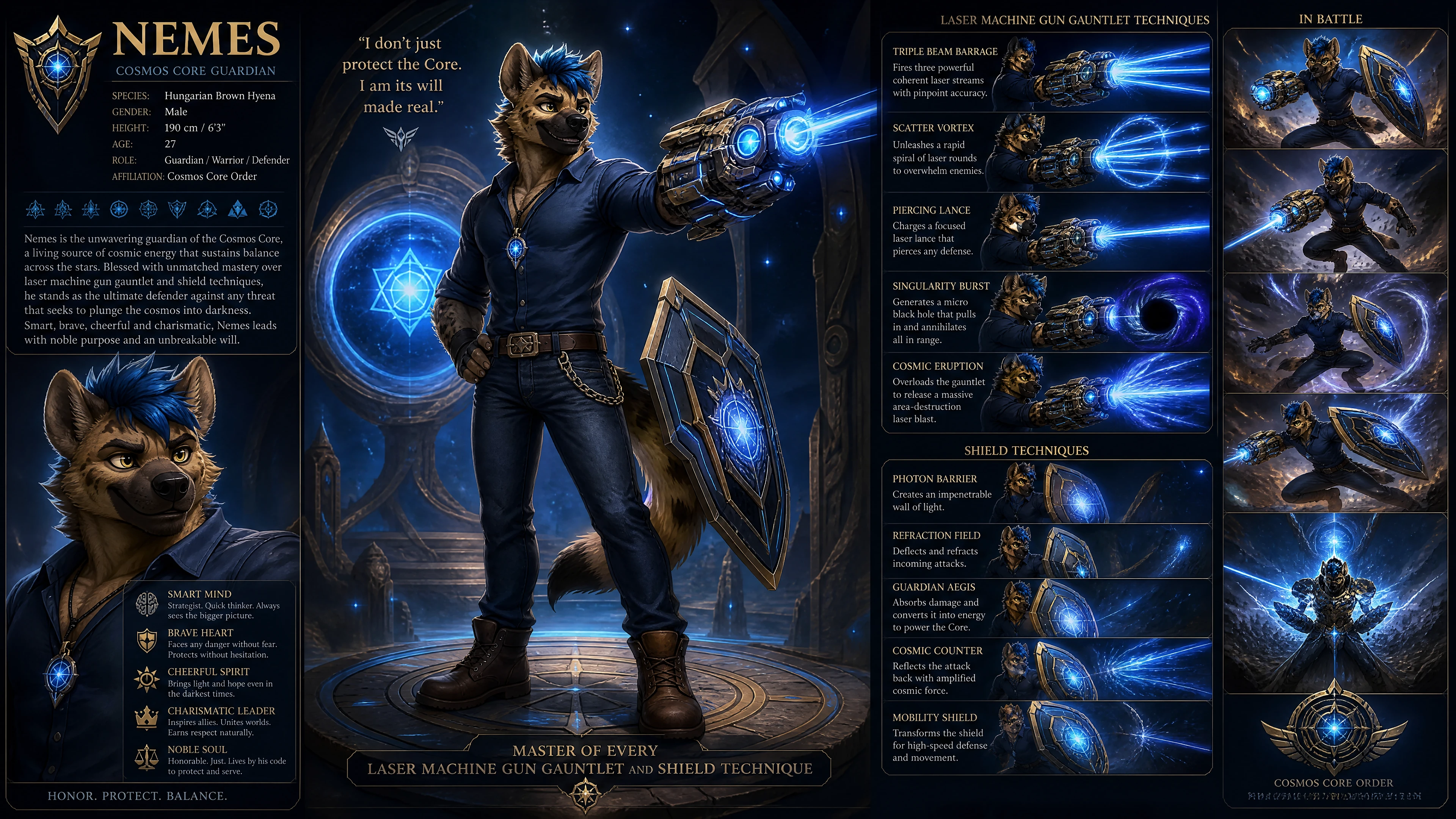 Anthro hyena guardian in casual clothes with cosmic weapons