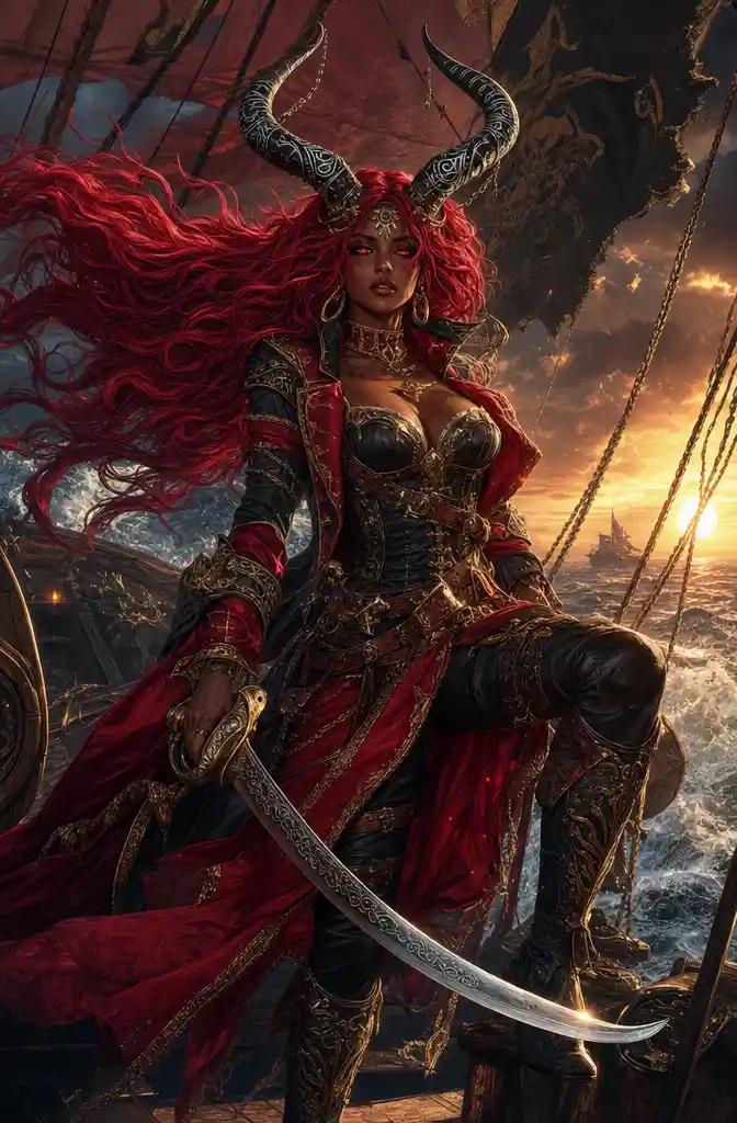 Alluring Demon Pirate Woman With Glowing Eyes And Horns