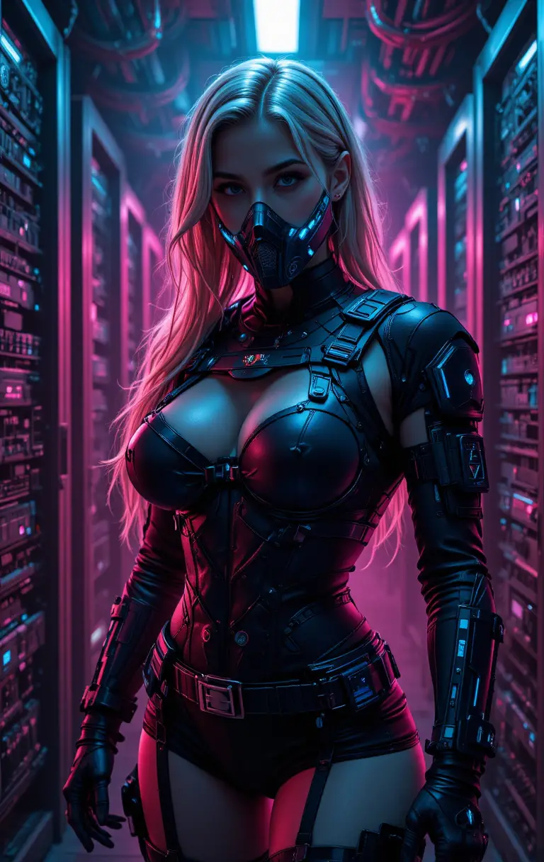 Cyberpunk blonde warrior in neon lit server room