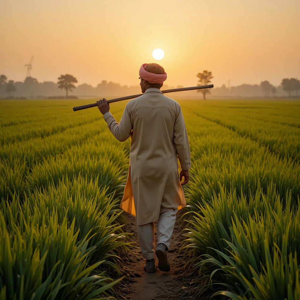 Pakistani farmer walking toward a green field at sunrise