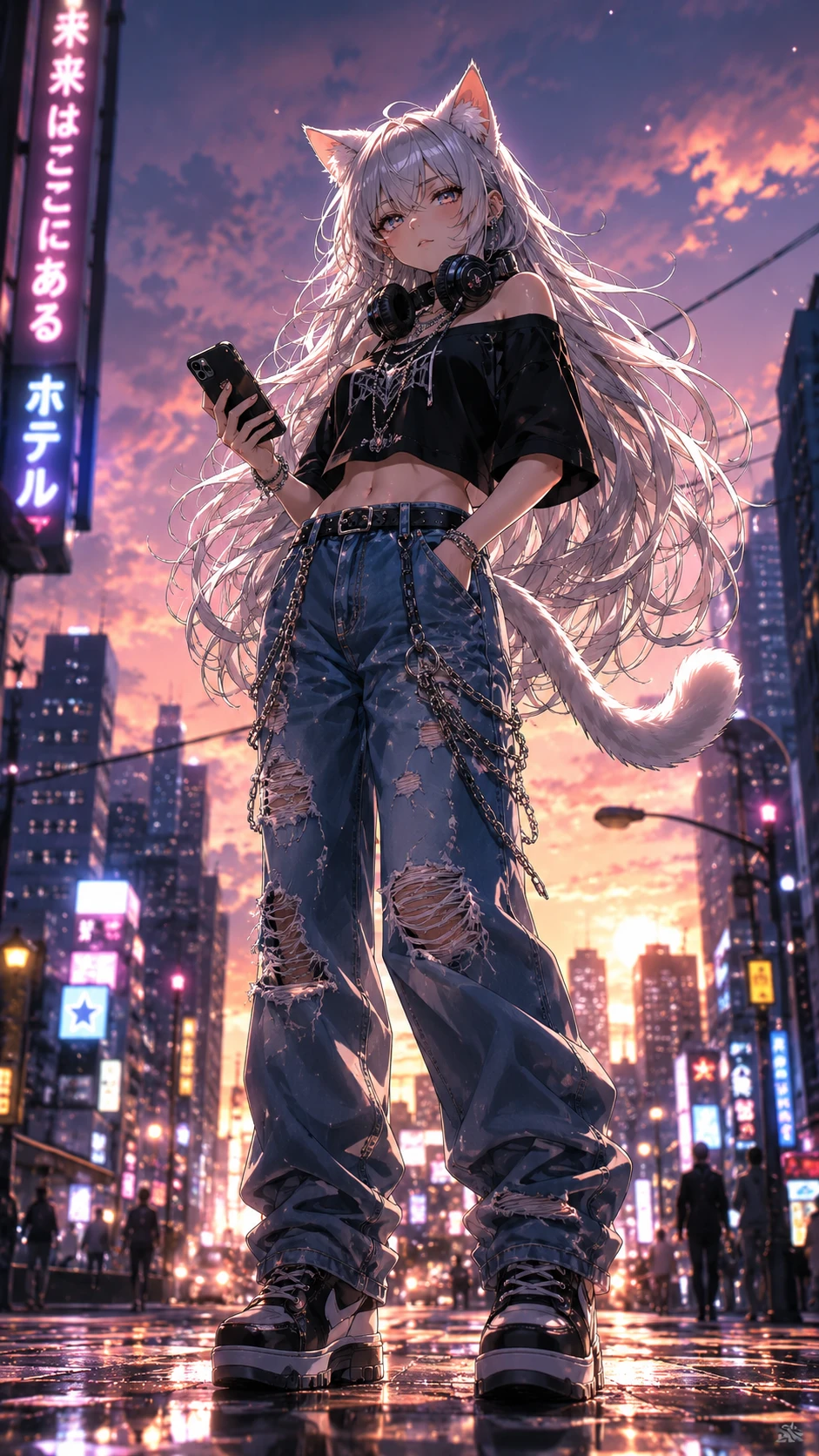 Chica gato de anime en una calle de la ciudad al anochecer