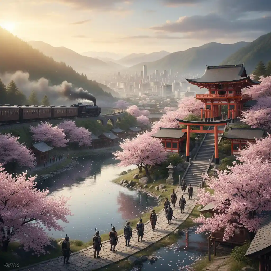 Traditional Japanese village with samurai and mountain shrine