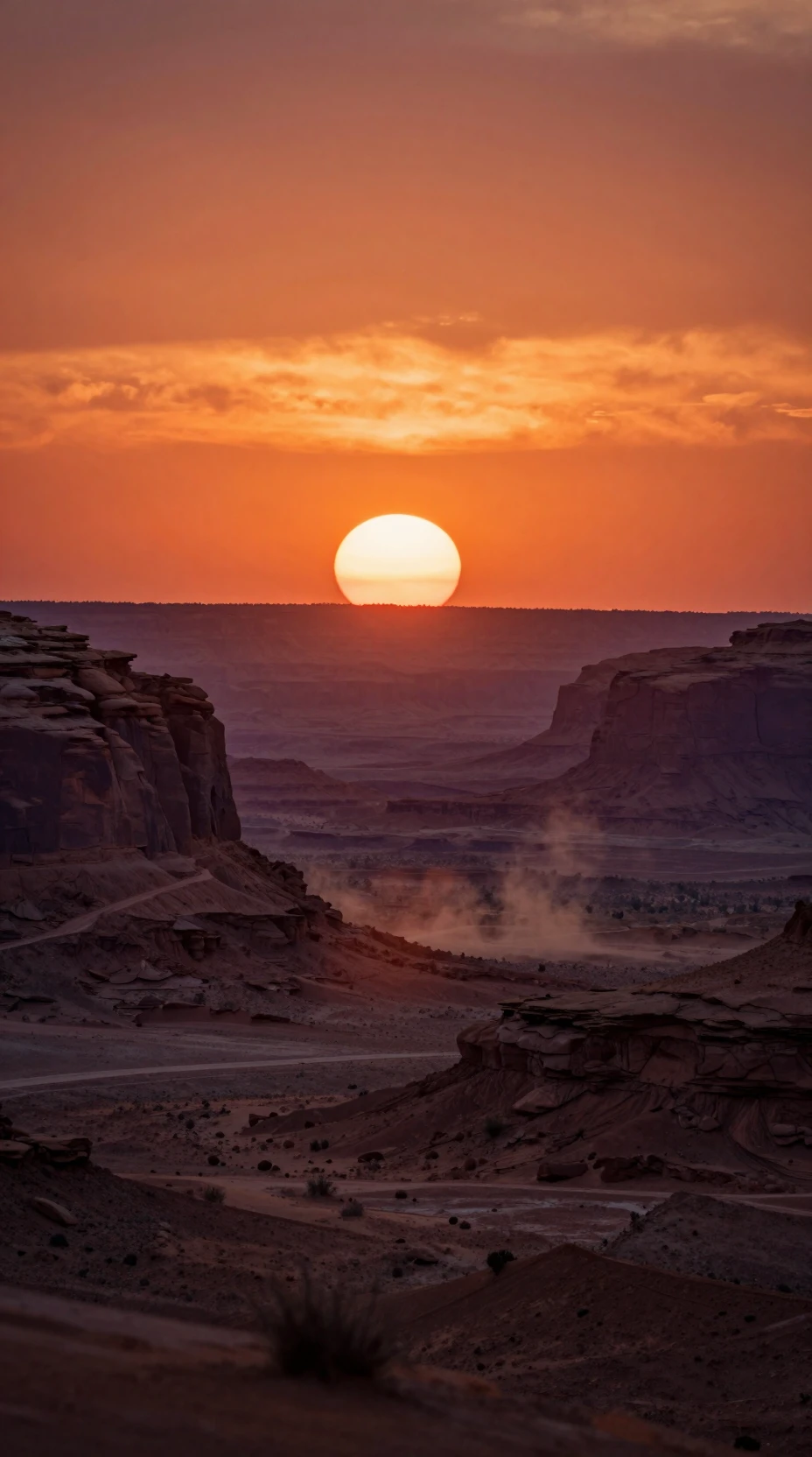 Cinematic desert sunset over mesas and distant canyons