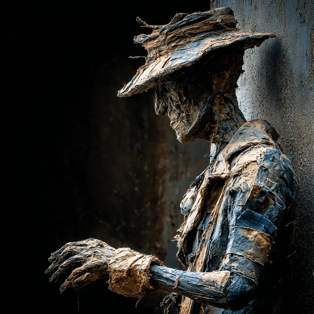 Surreal plague doctor figure before a dark concrete wall