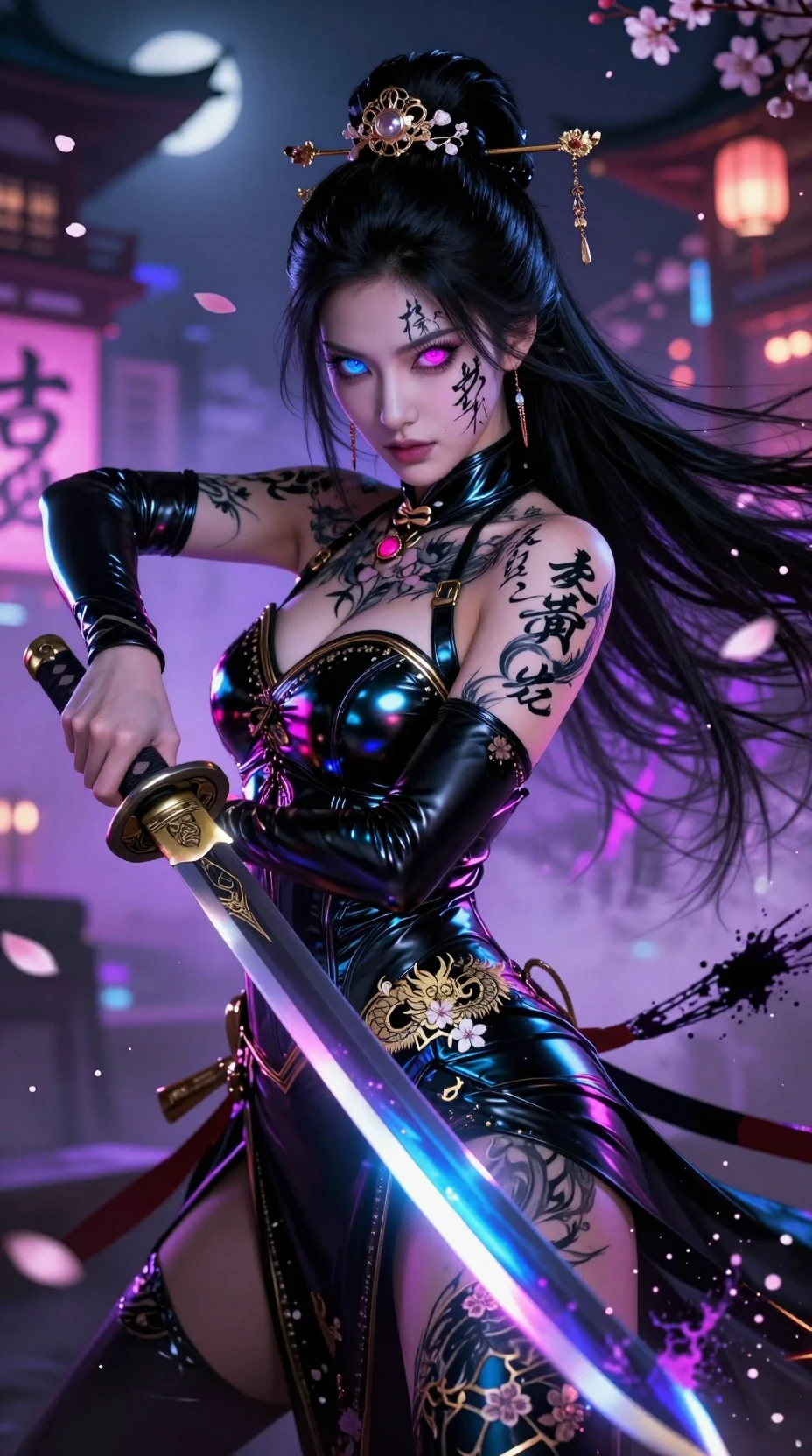 Cyber samurai woman lunging forward with glowing katana