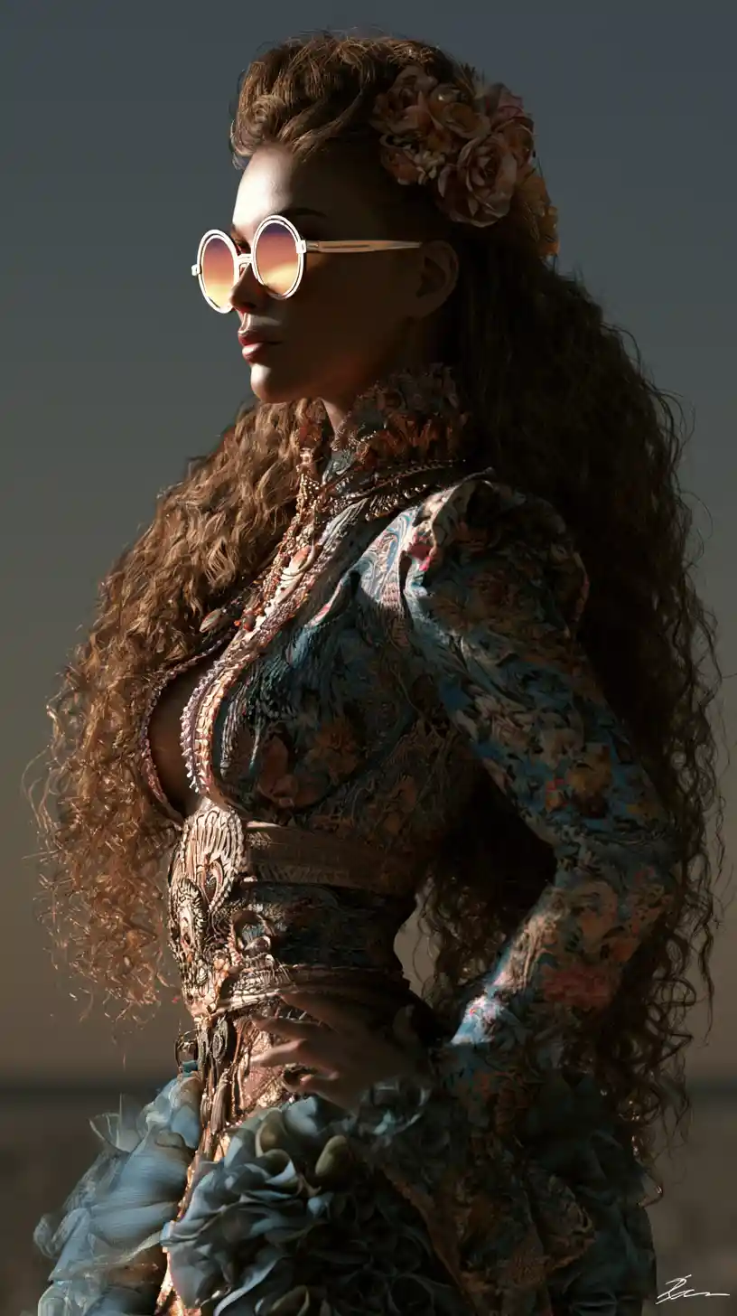 Silhouette of a fashion icon woman in a fantasy landscape