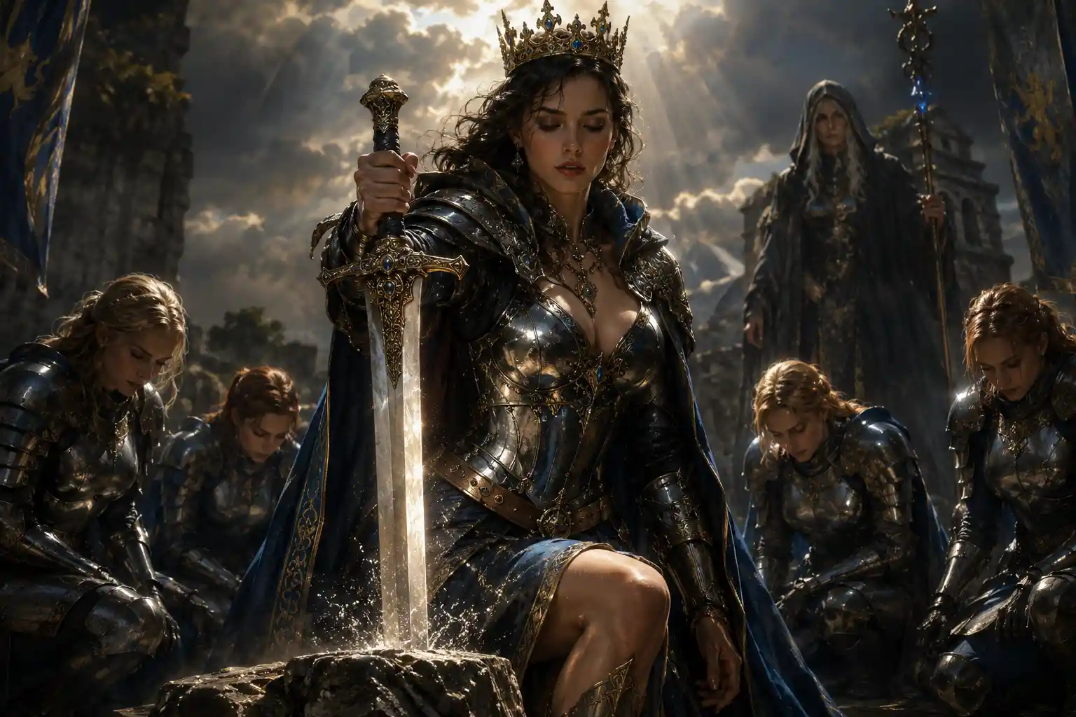 Warrior queen drawing the legendary sword from stone