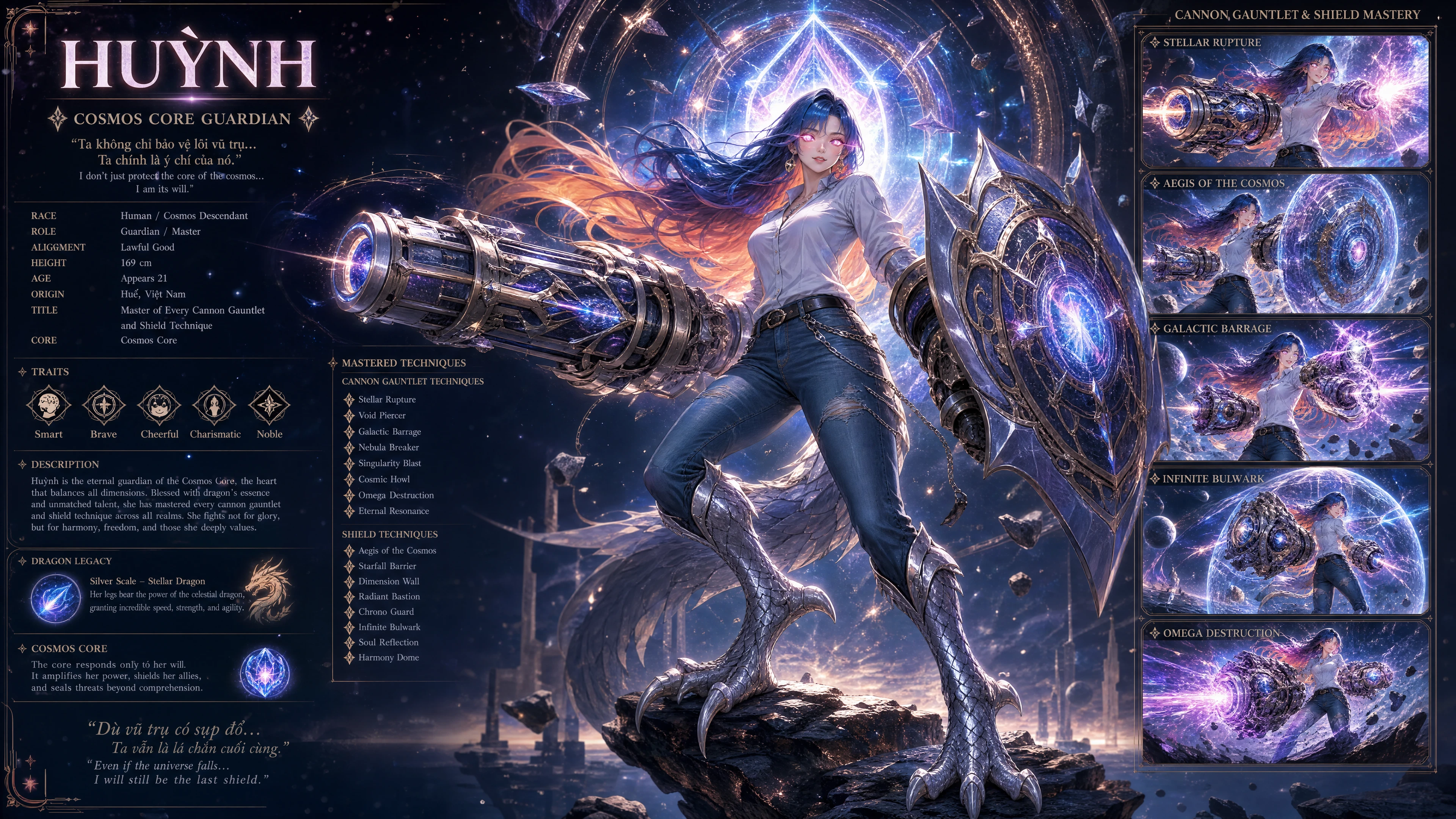 Cosmic guardian woman with dragon legs and flaming eyes