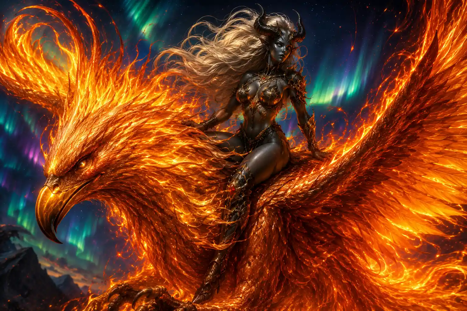 Succubus warrior riding a reborn flaming phoenix