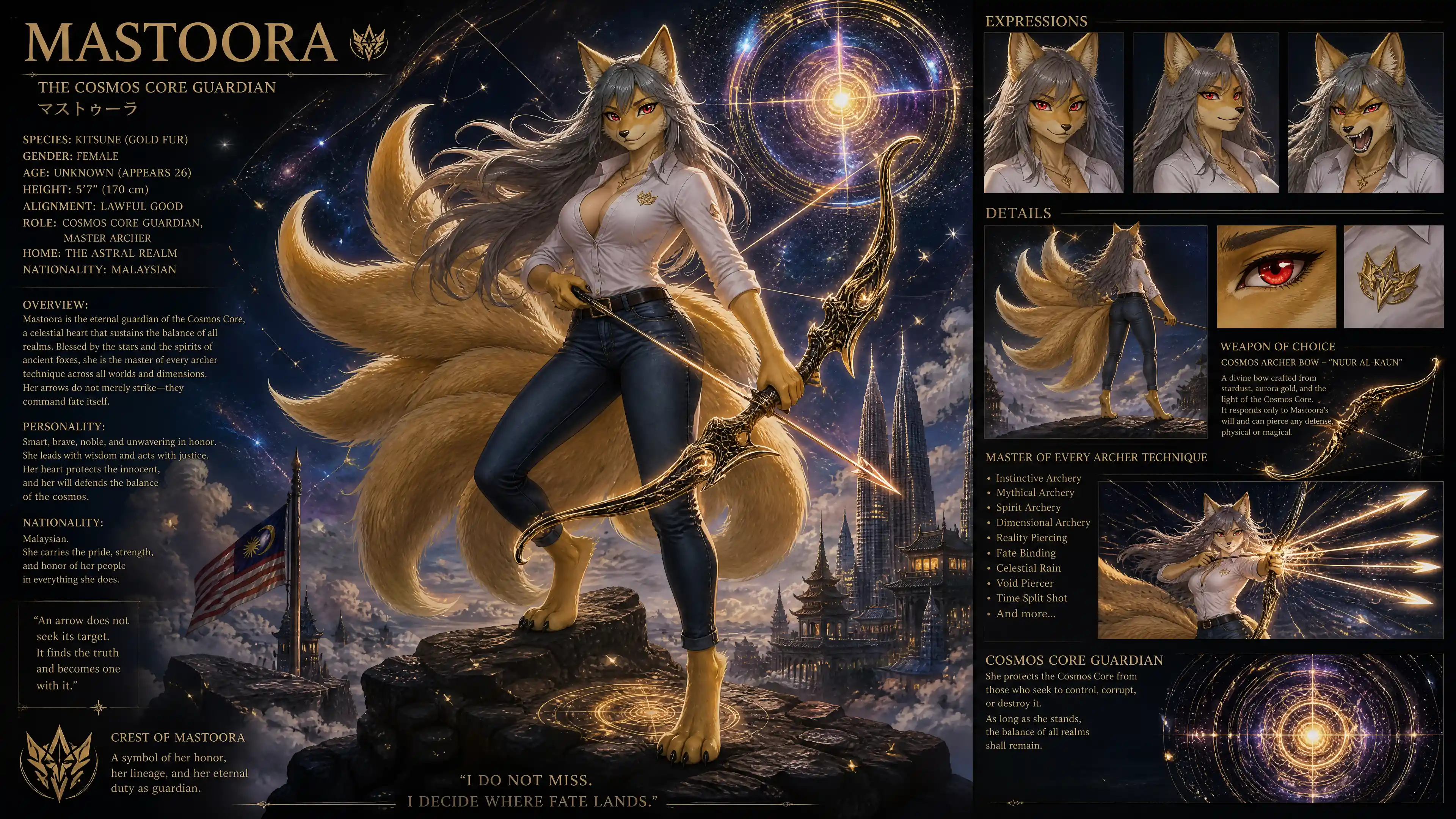 Heroic fox woman archer with nine flowing tails