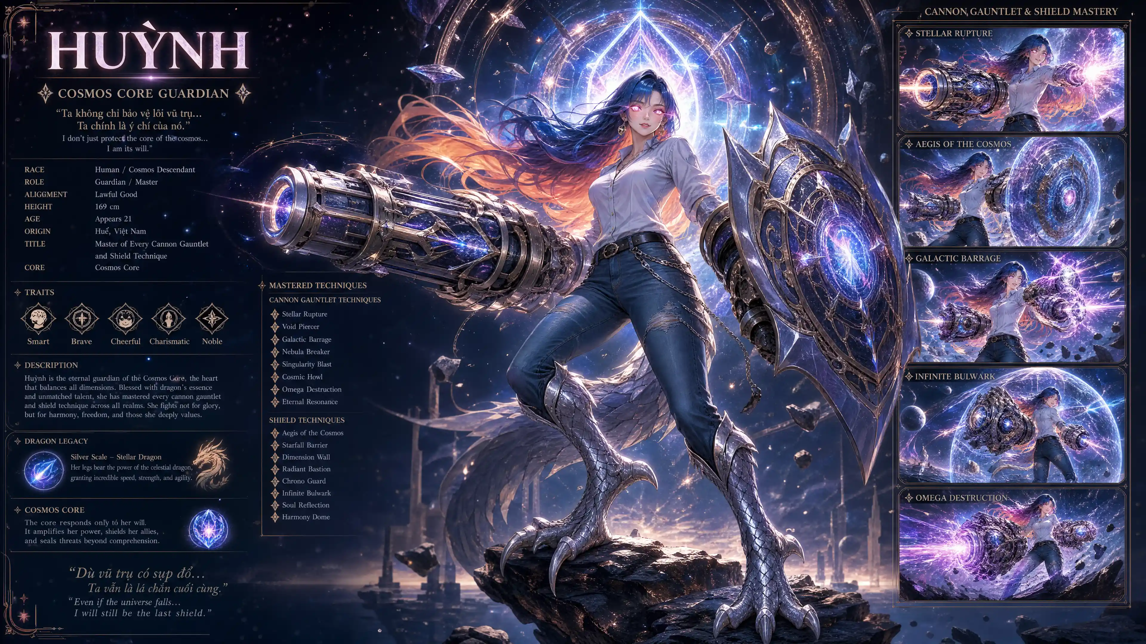 Cosmic guardian woman with dragon legs and flaming eyes