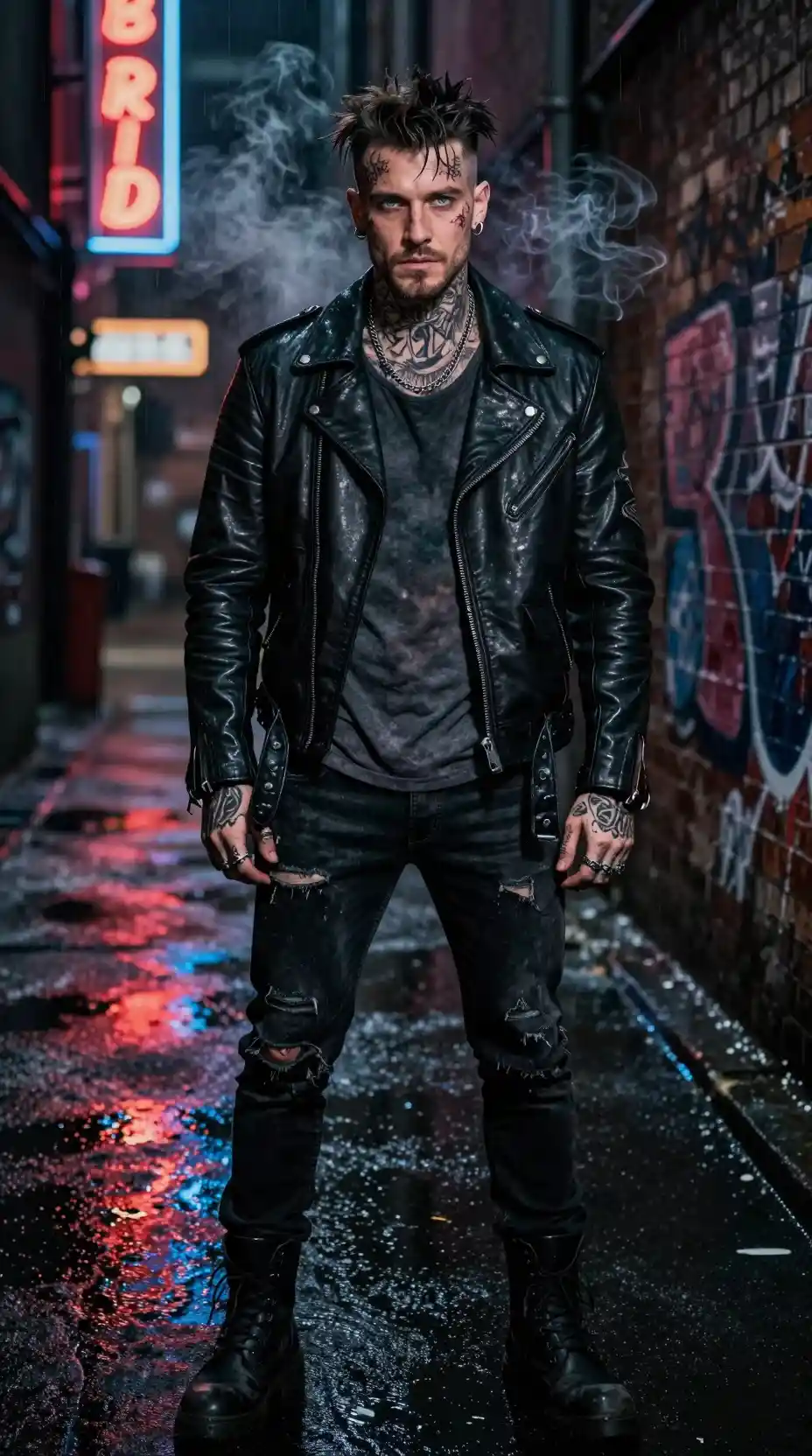 Tattooed man in black leather jacket in neon alley