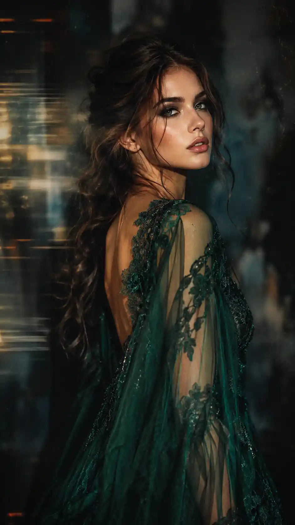 Elegant woman in emerald gown against moody abstract backdrop