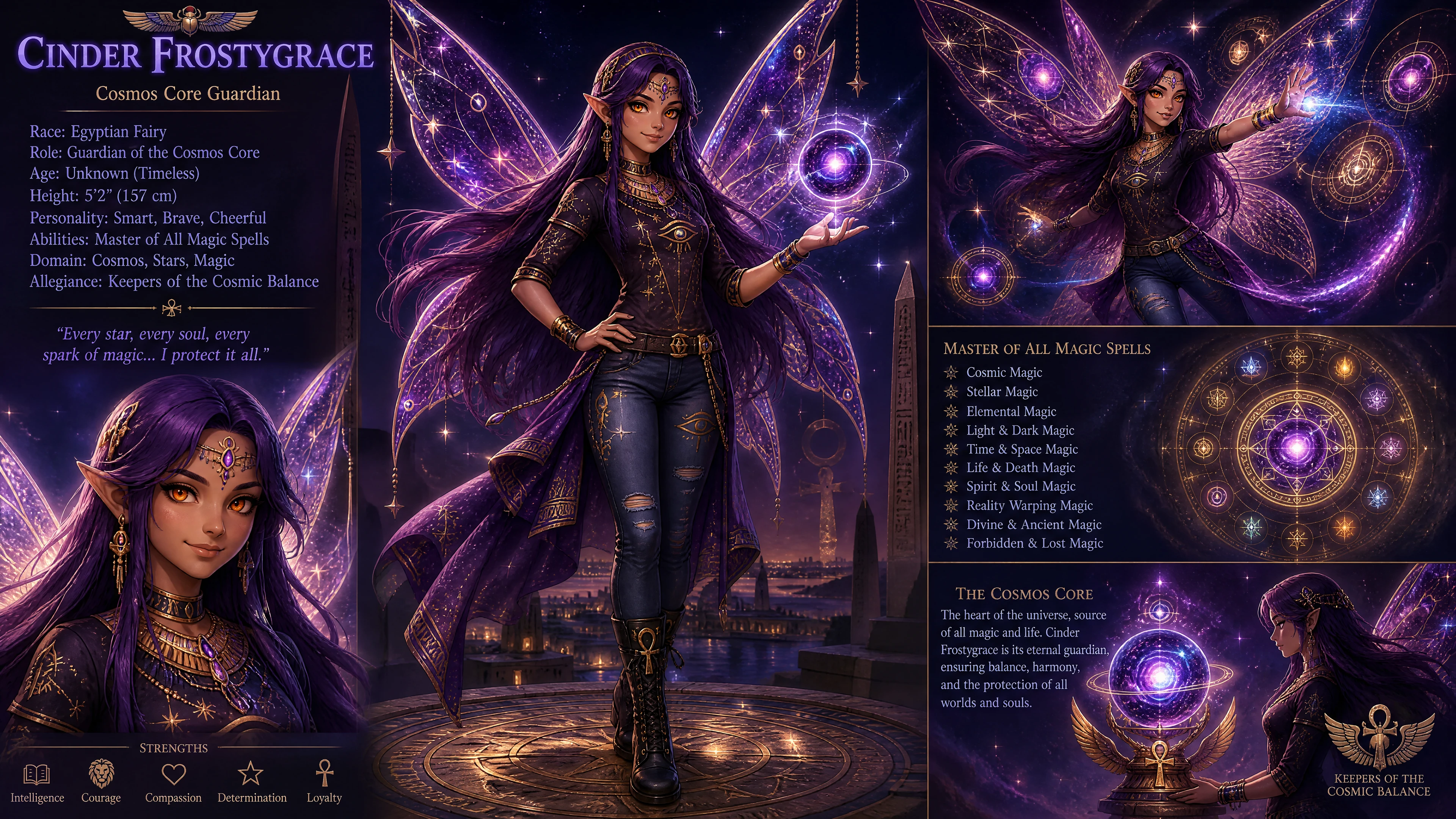 Egyptian fairy woman with purple hair and cosmos wings