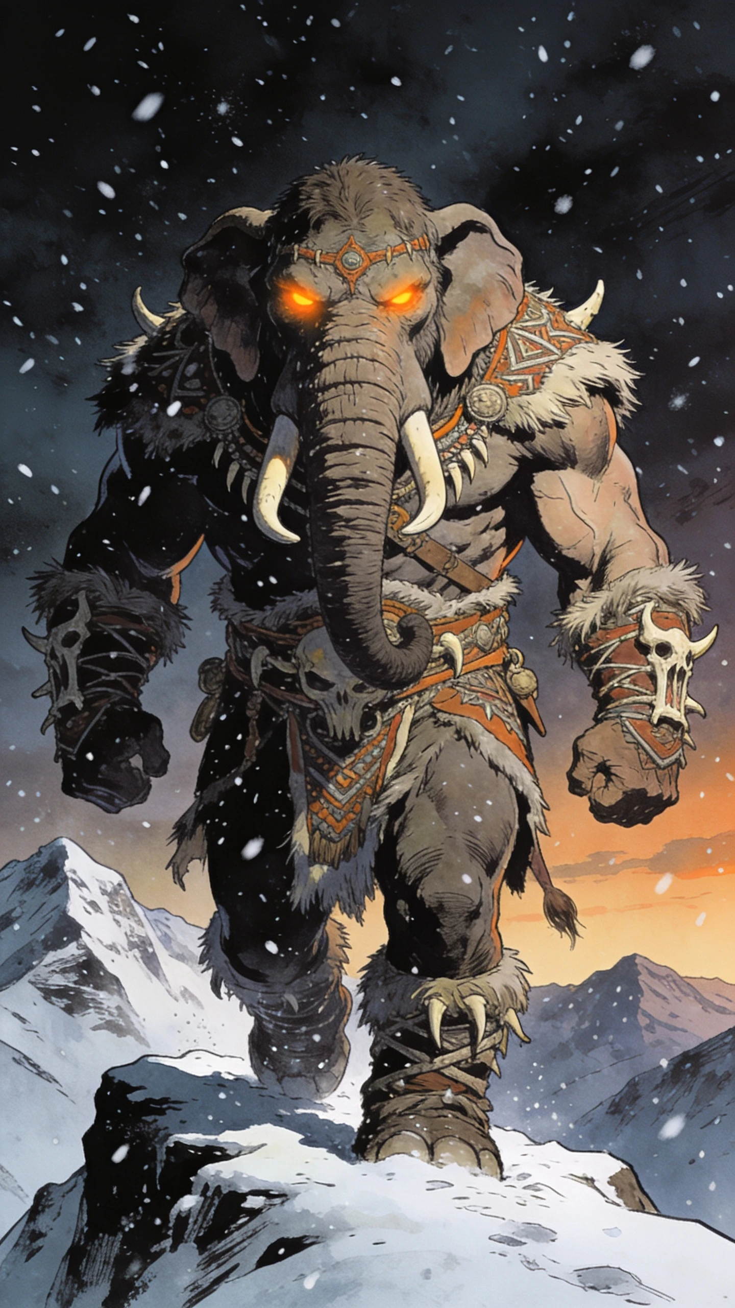 雪山の断崖に立つ部族のマンモス戦士