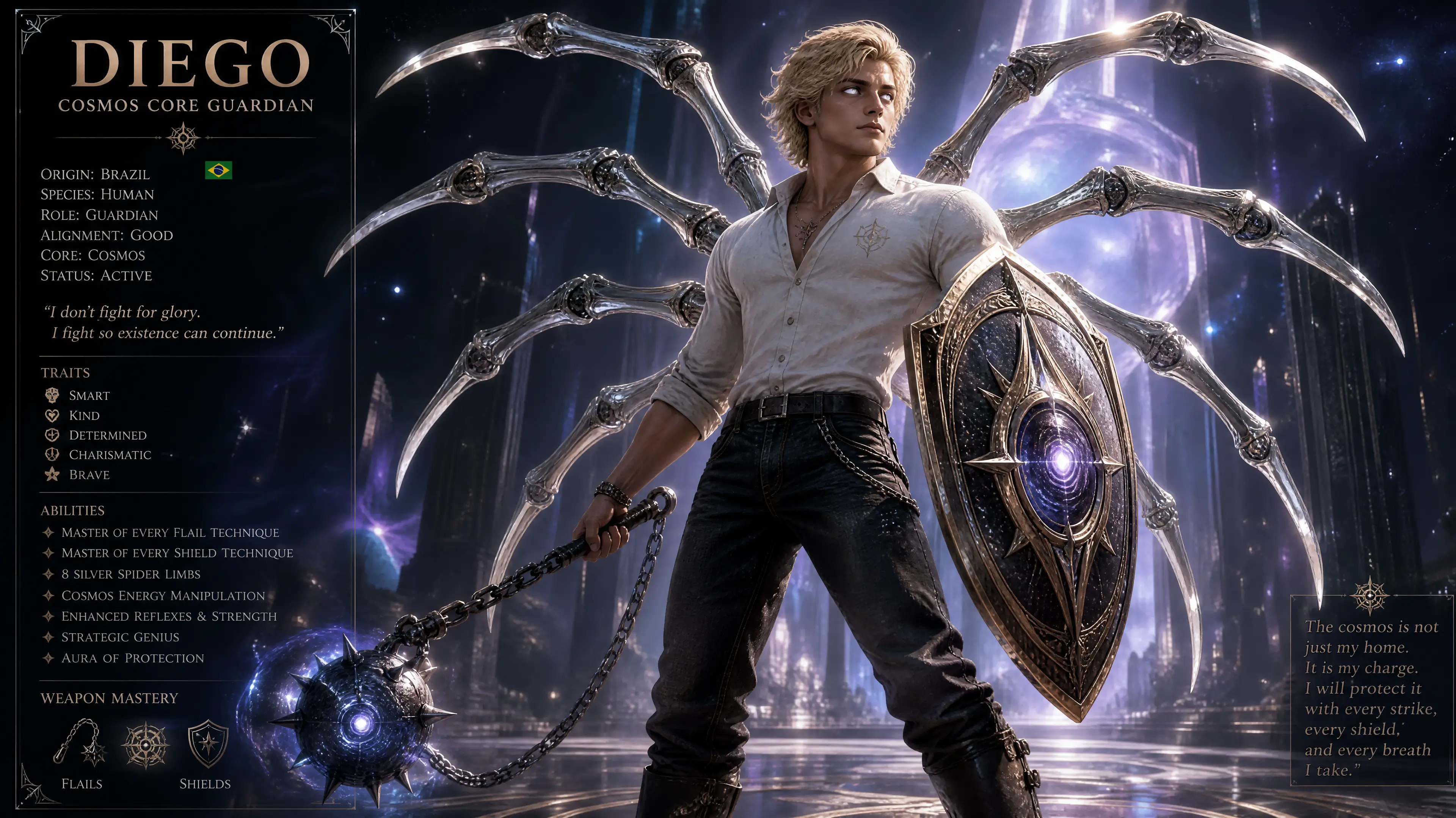 Blond cosmic guardian with silver spider limbs and shield