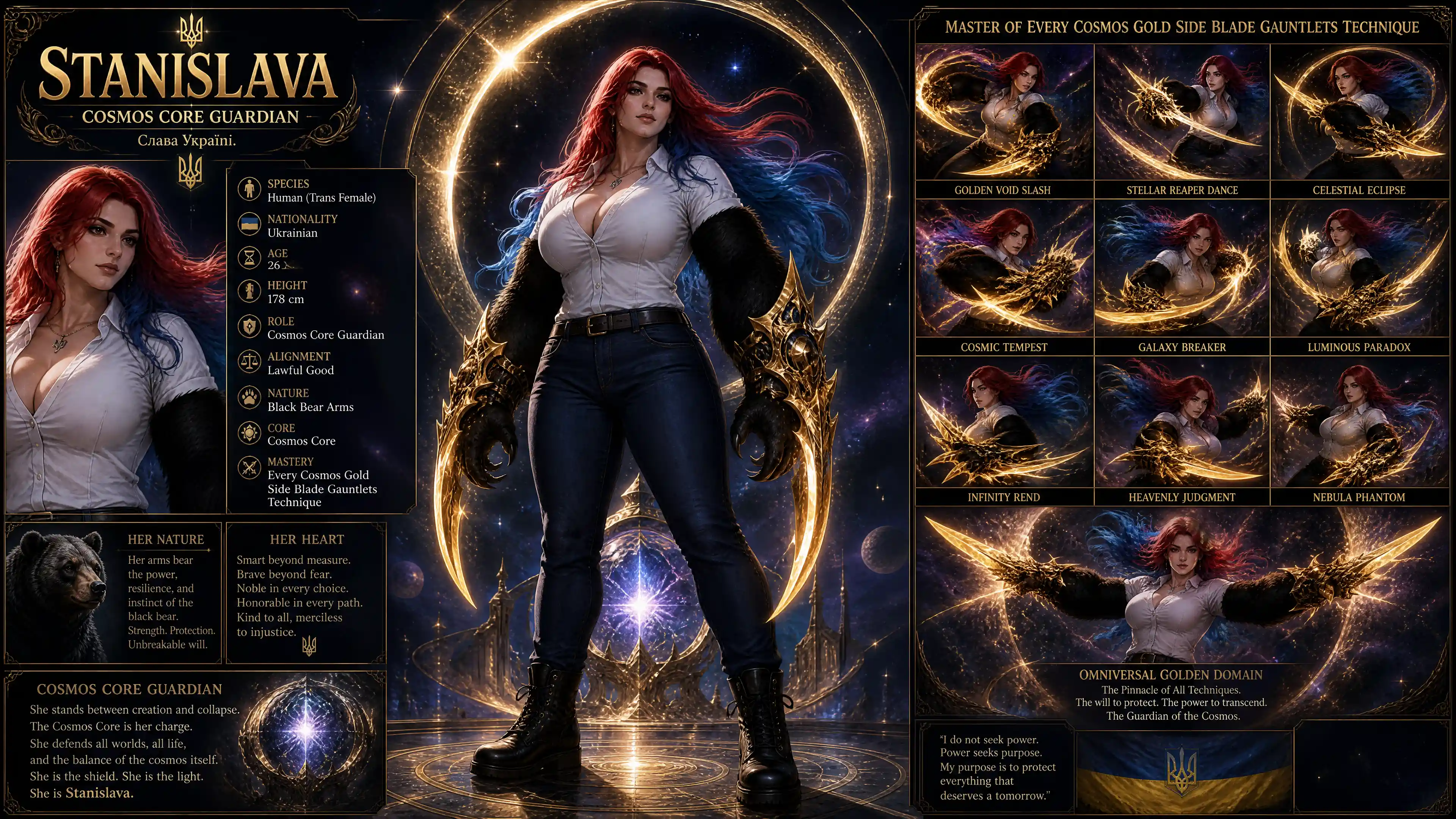 Trans female cosmic guardian with glowing gold gauntlets