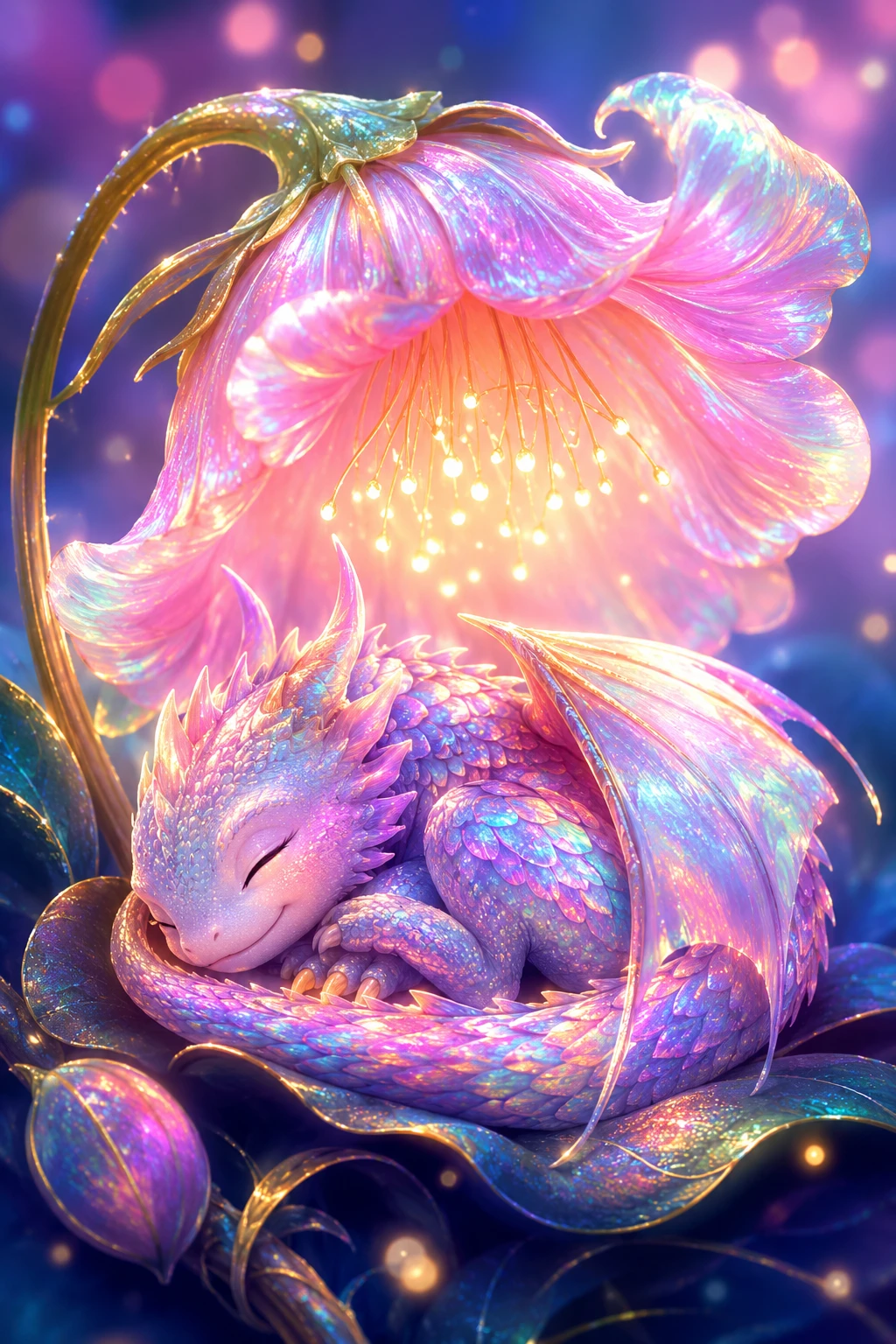 Sleeping baby dragon under glowing pink flower