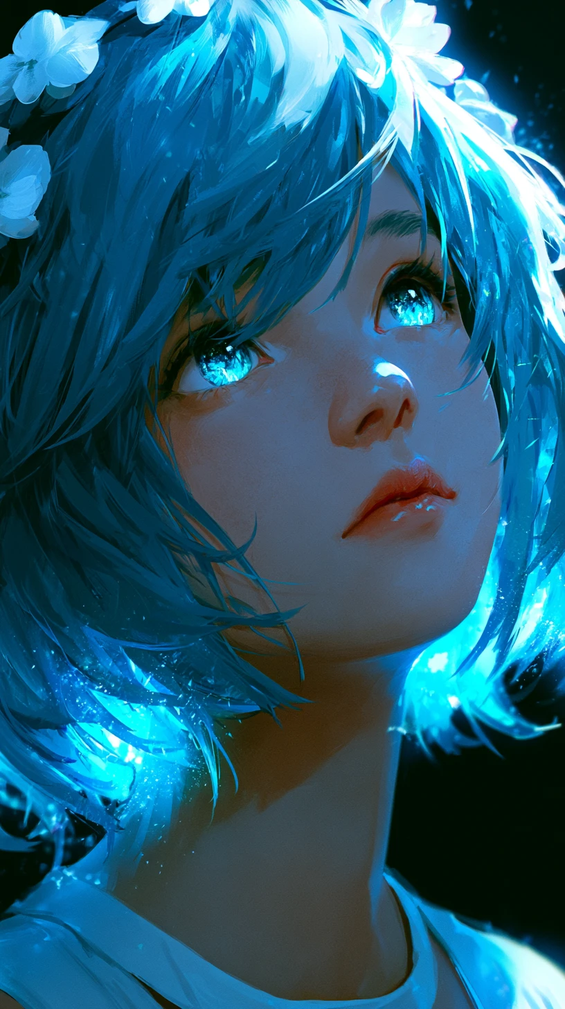 Blue haired anime girl in an ethereal glowing portrait