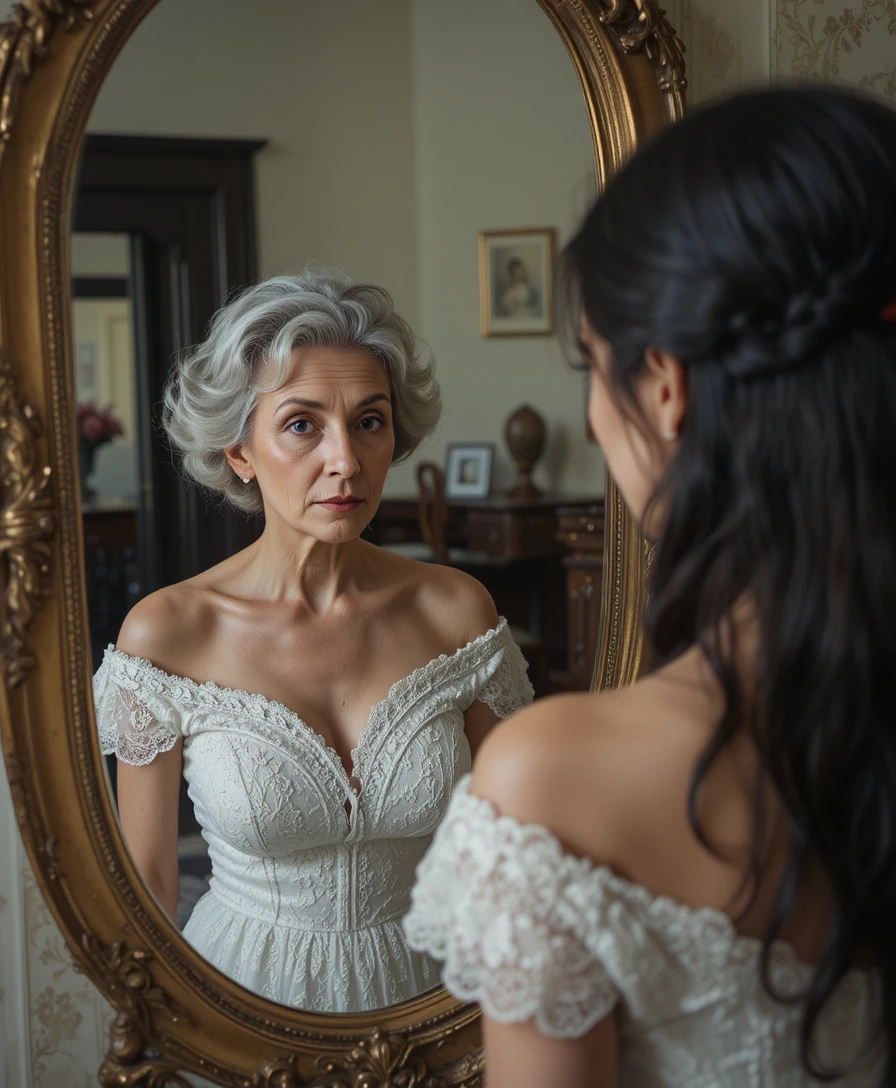 Young woman facing her elderly reflection in a gold mirror