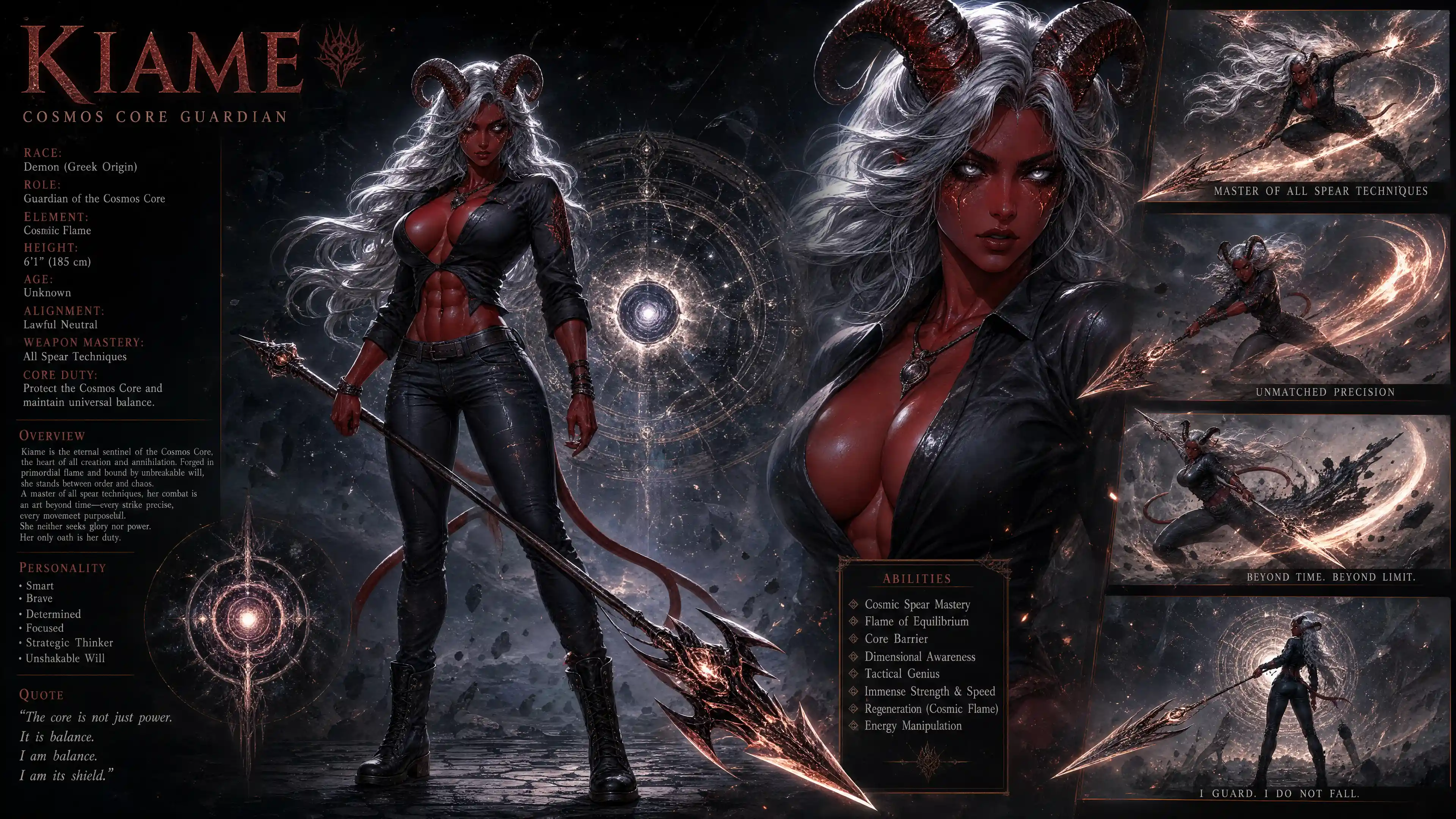 Red skinned demon warrior woman with silver hair and spear